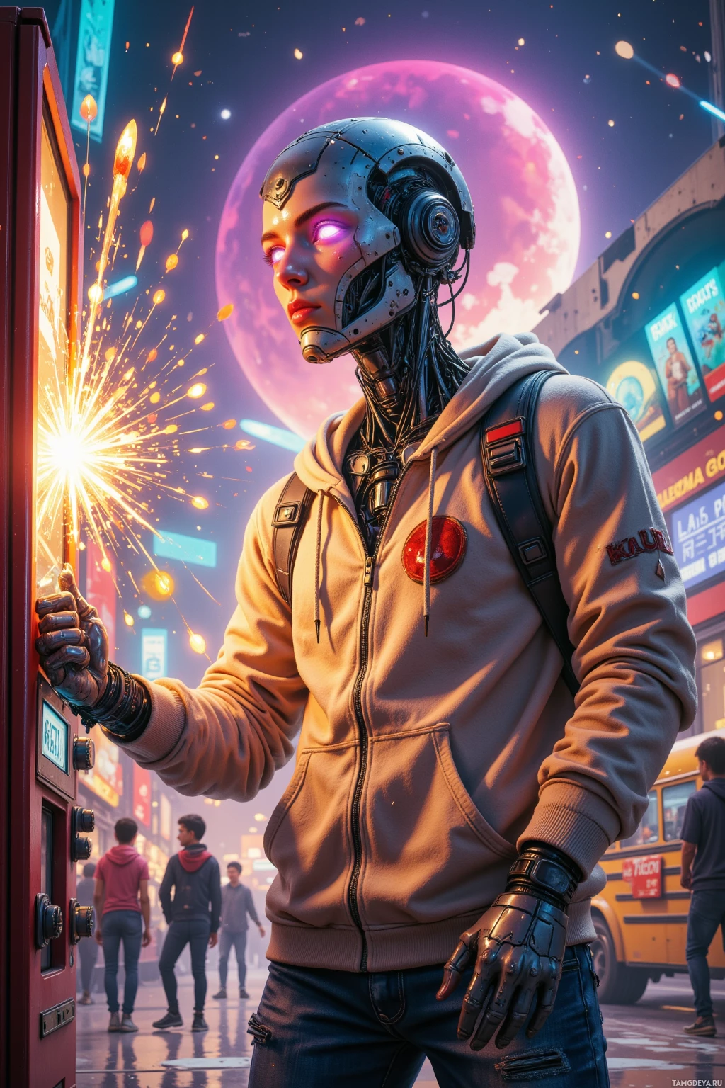 A futuristic character in a hoodie and gloves stands in a neon-lit urban setting, holding a glowing object.