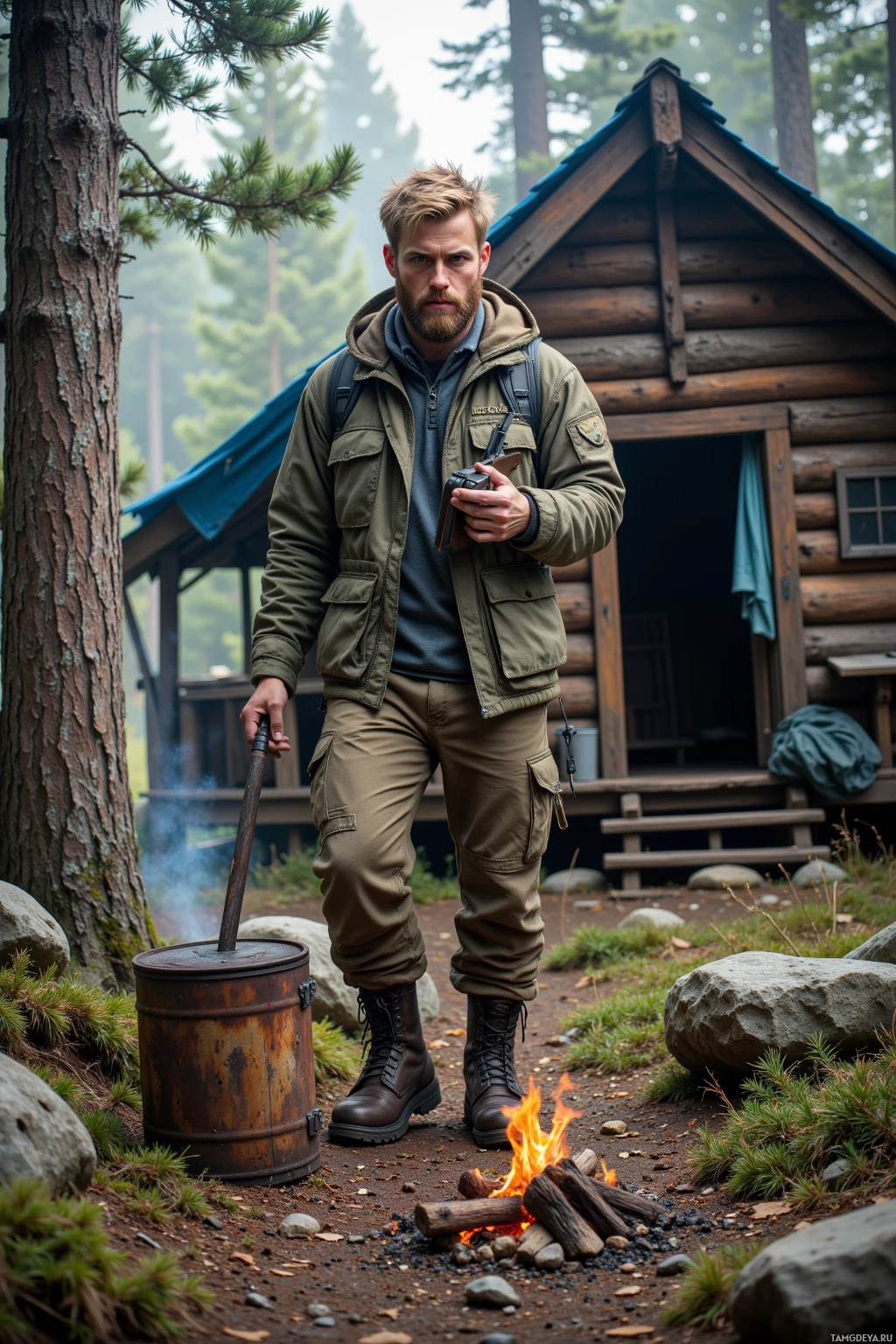 A man stands near a campfire and a rustic cabin in a forest setting.