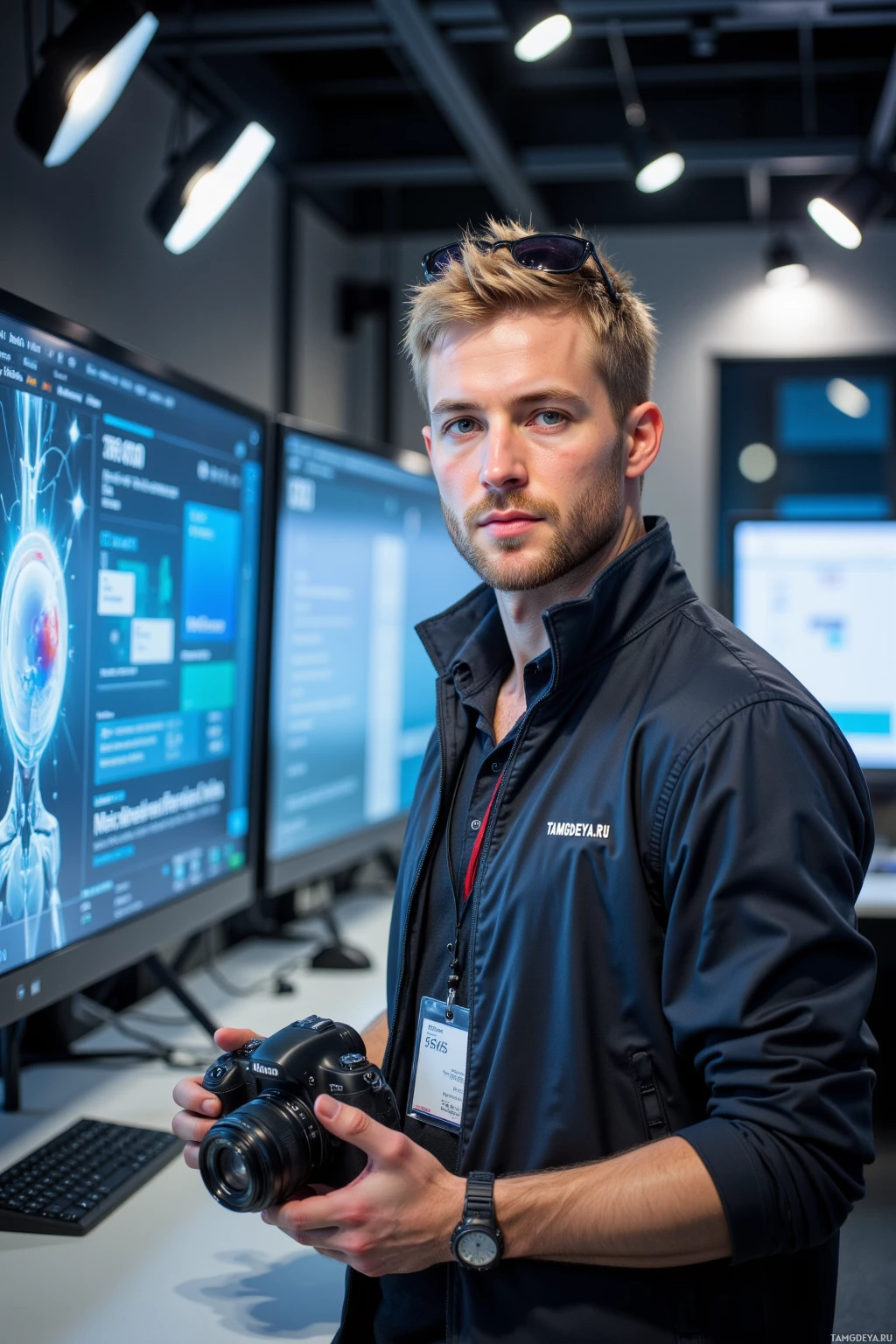 A person in a black jacket holds a camera in a modern office setting with multiple monitors.
