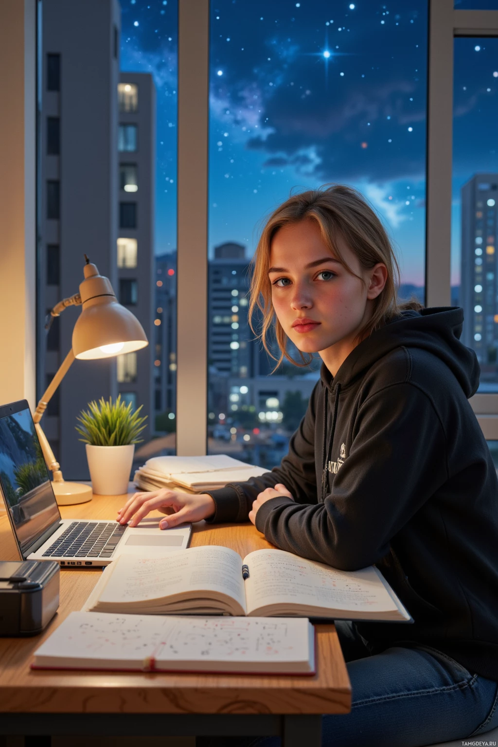 A person sits at a desk with a laptop, books, and a lamp, overlooking a cityscape at night.