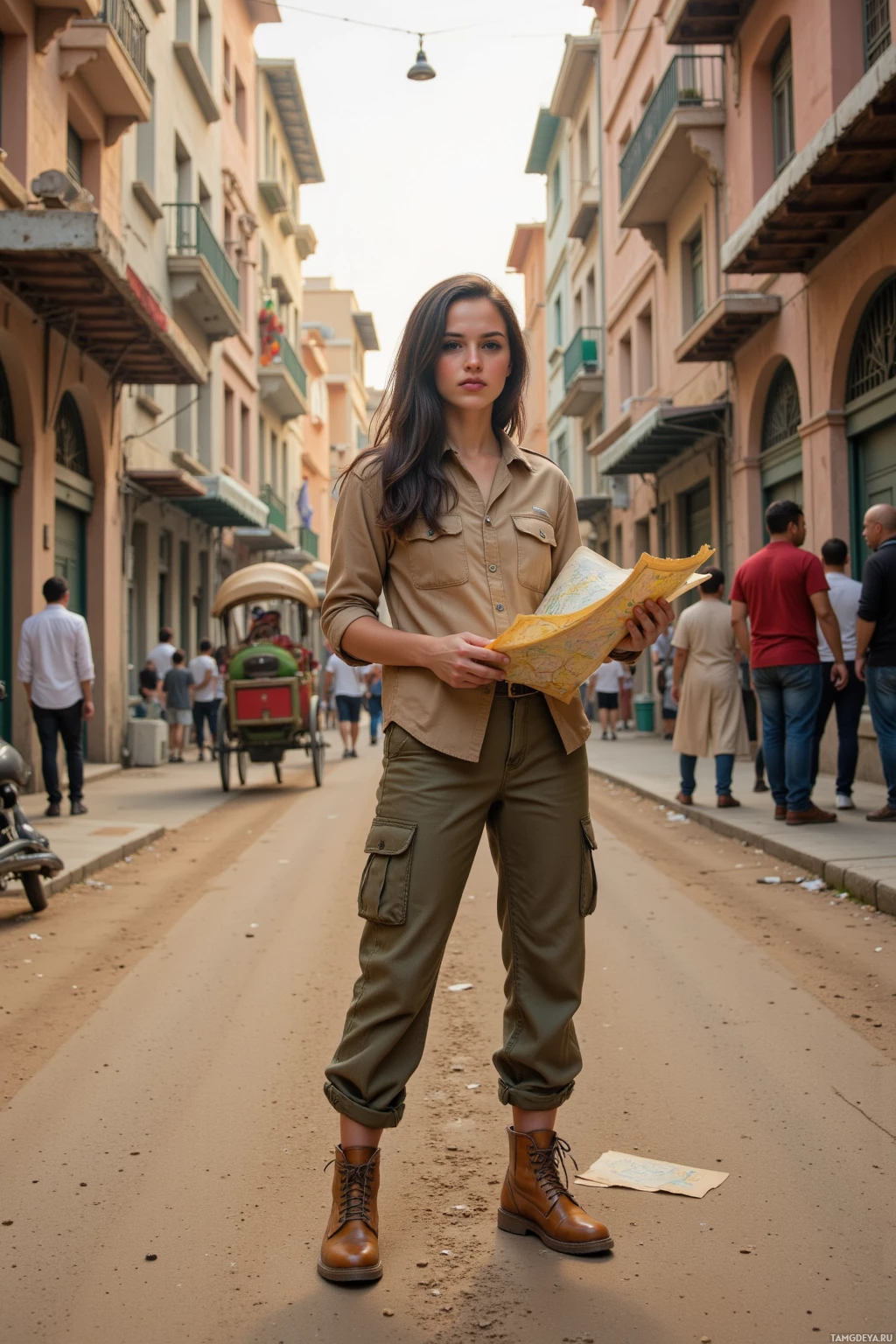 A person in a khaki outfit stands on a street holding a map, with pedestrians and buildings in the background.