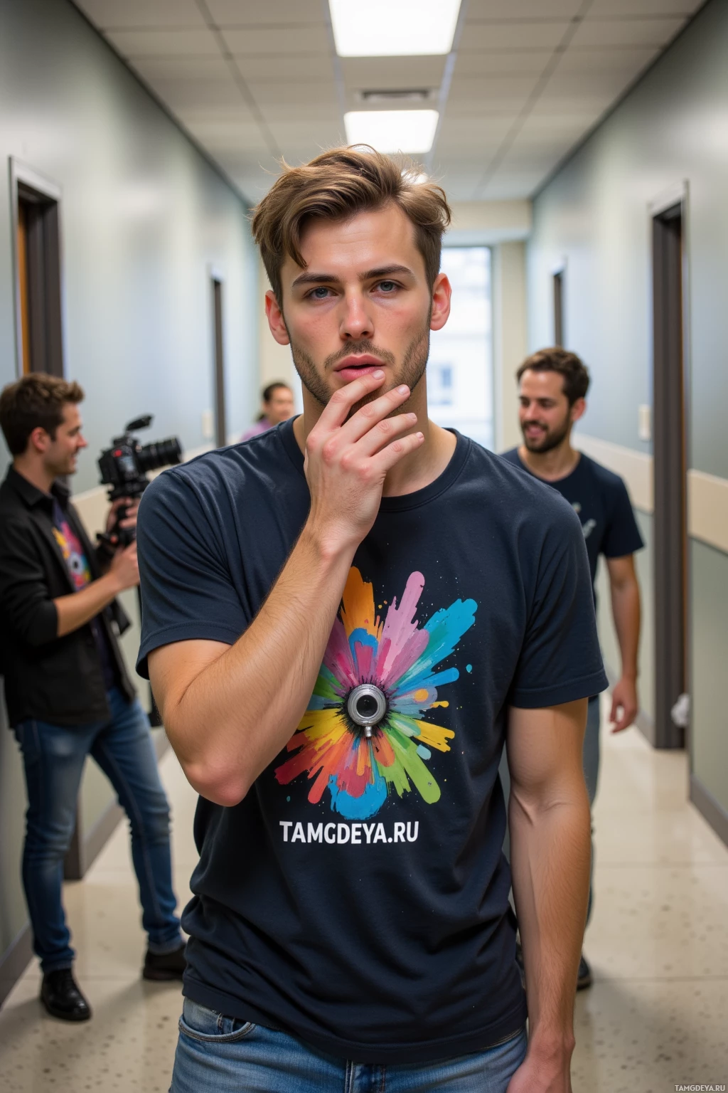 A man in a colorful t-shirt stands in a hallway, with another person filming in the background.