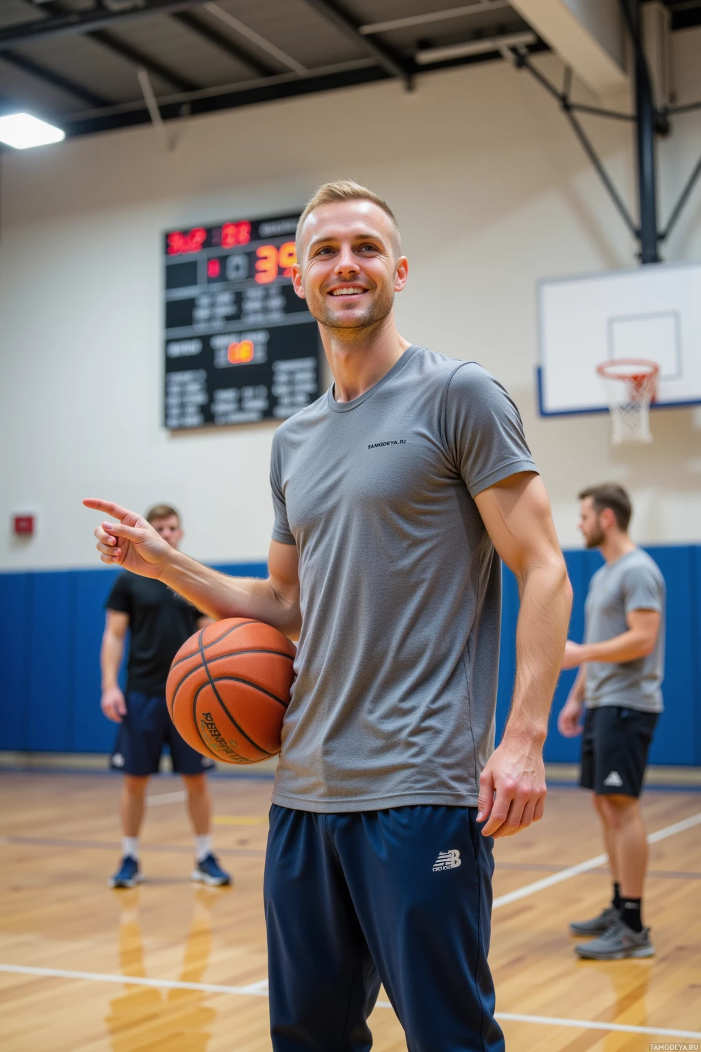 A man in a gym holding a basketball and pointing.