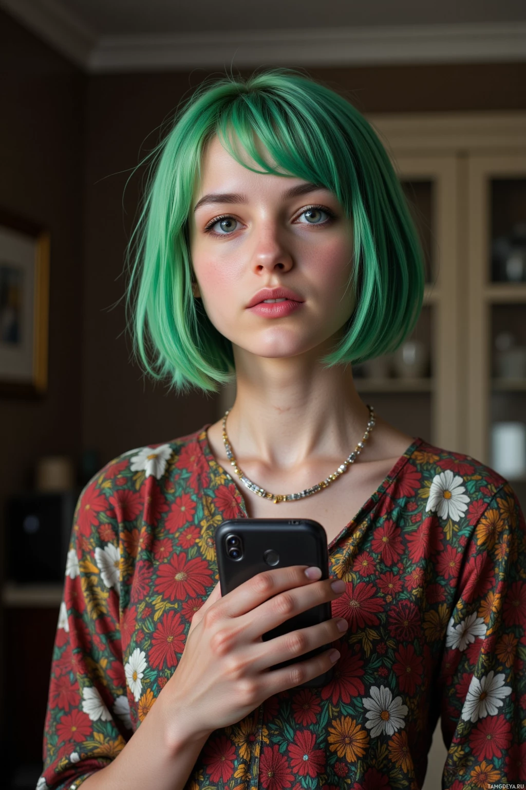 A person with green hair and a floral dress holds a smartphone.