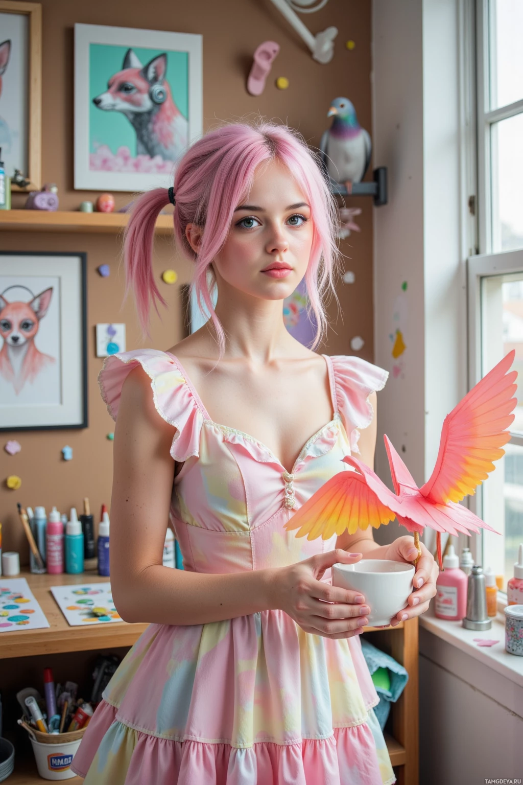 A person with pink hair in pigtails holds a cup and a bird-shaped object in a room with colorful decorations.