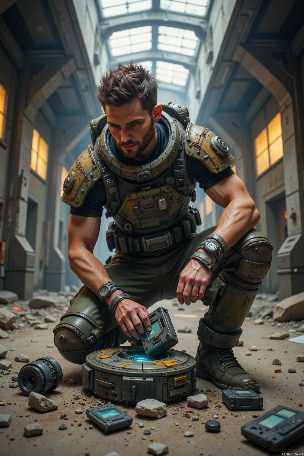 A man in a rugged, futuristic outfit is crouching and examining a device on the ground.