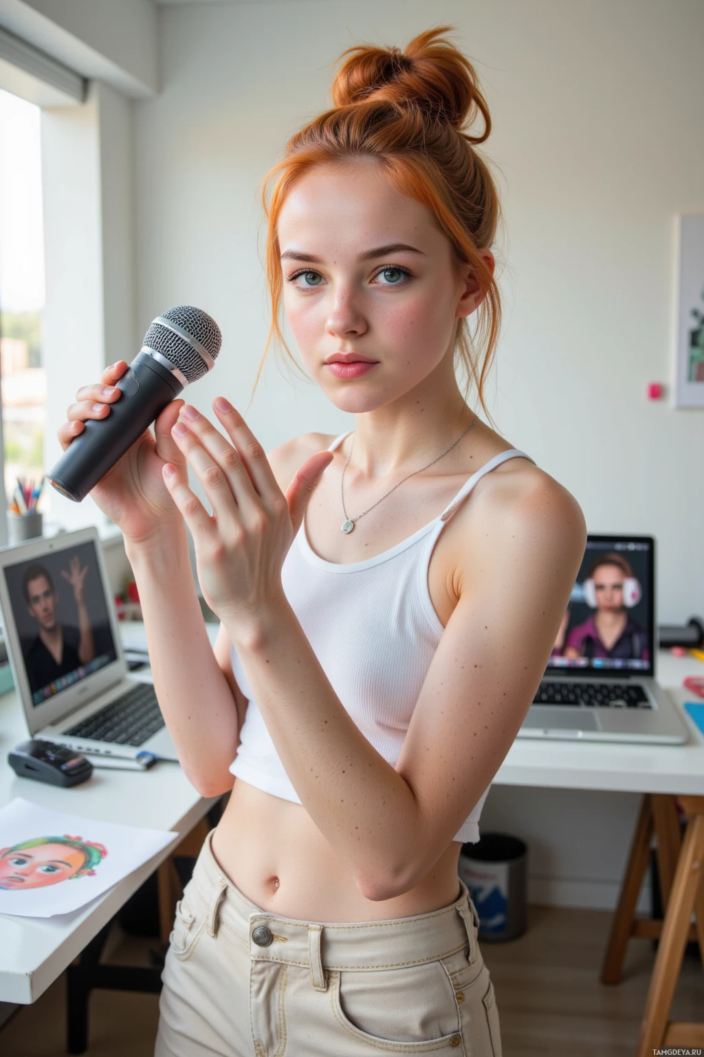 A person holding a microphone in a room with a laptop and desk.