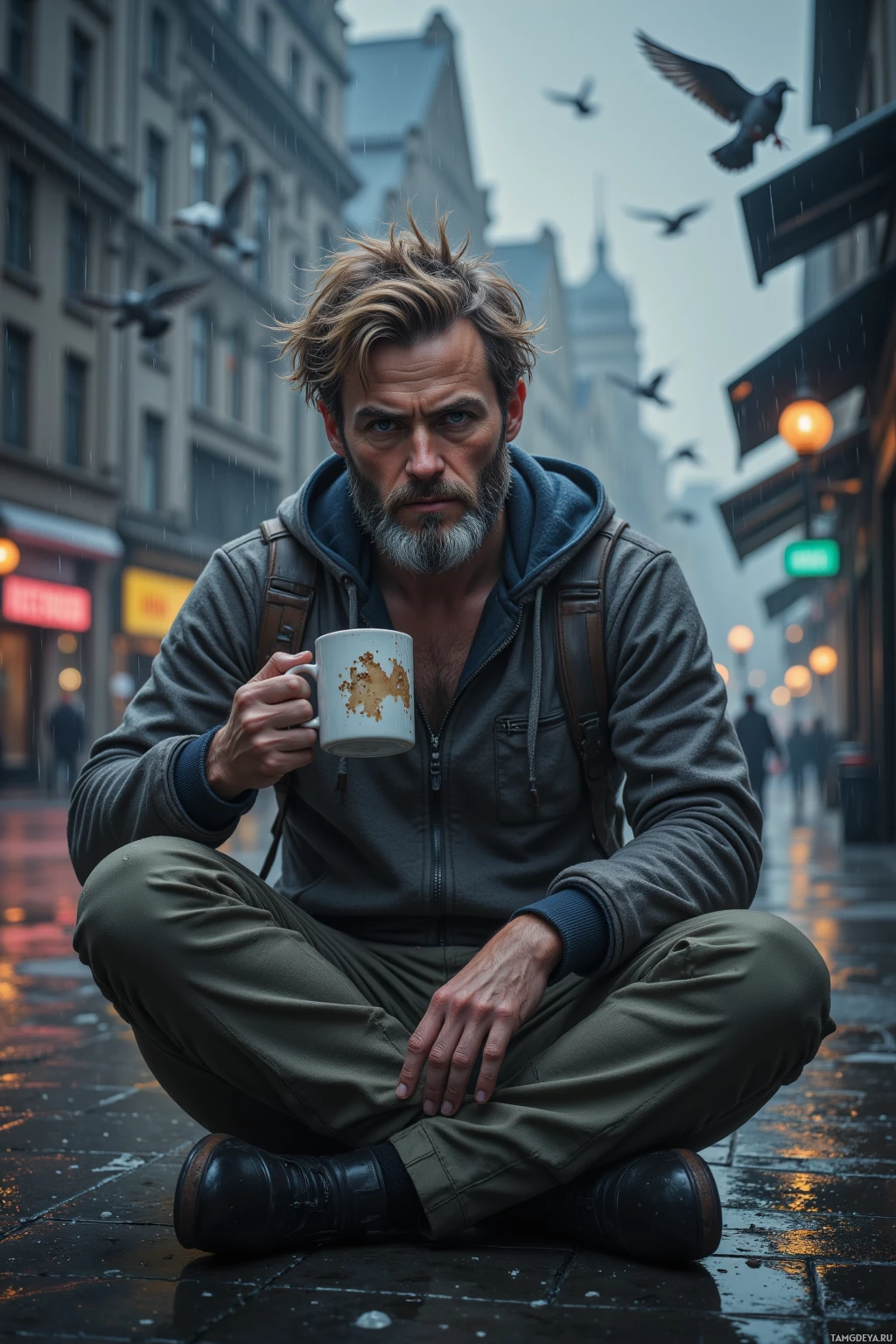 A man sits on a wet street holding a coffee mug, surrounded by pigeons and a rainy urban backdrop.