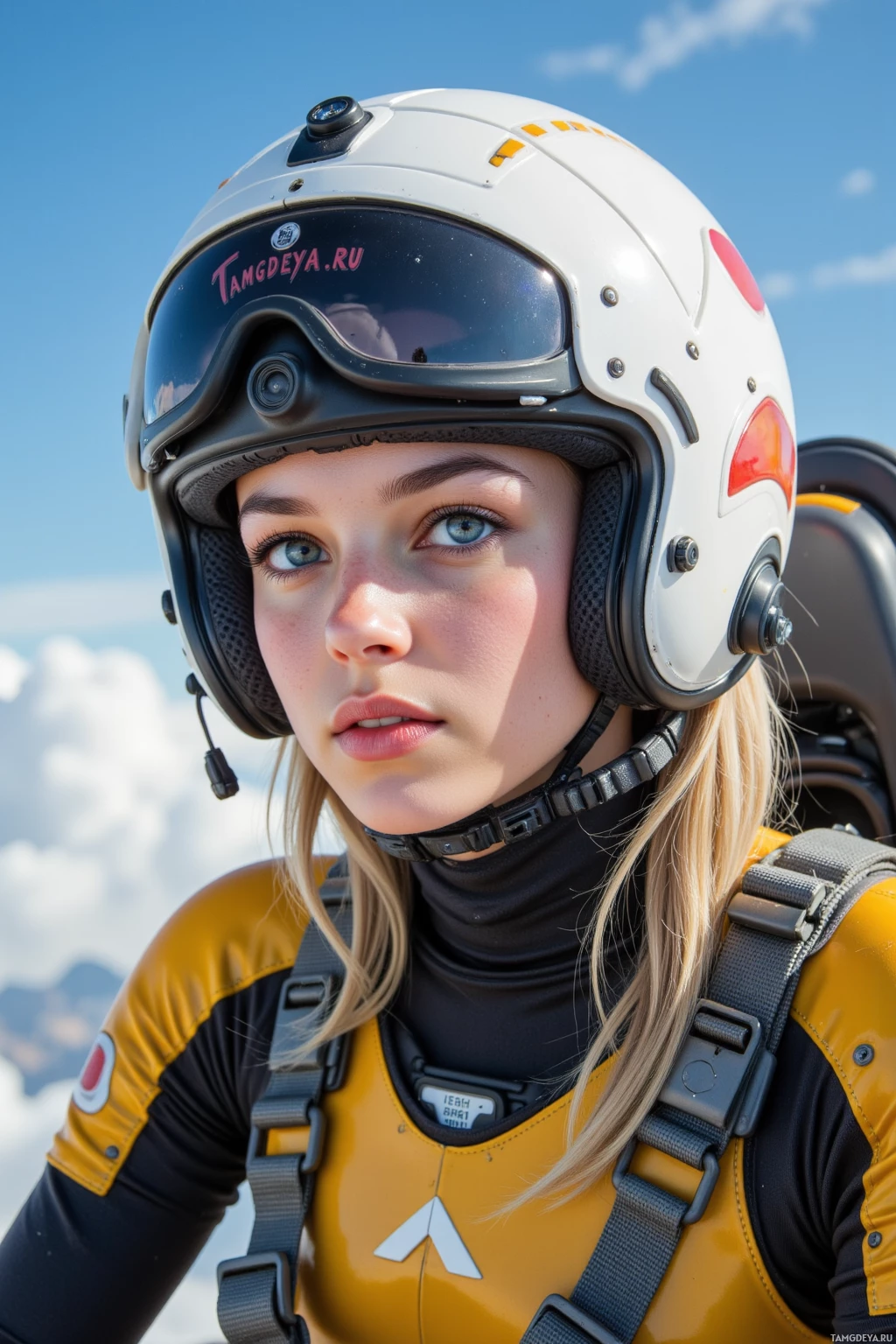 A person wearing a white helmet and a yellow and black outfit with a sky background.