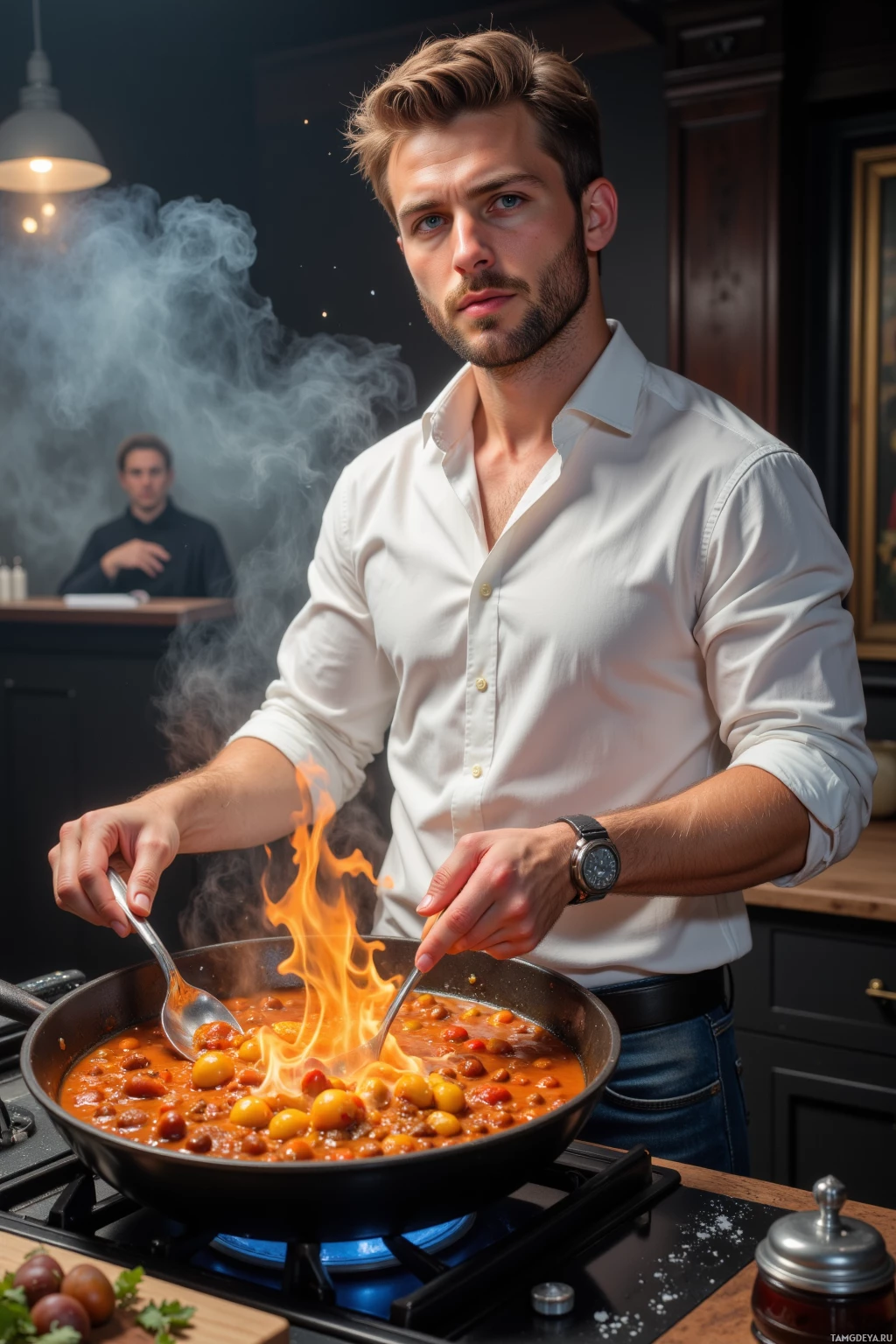 A man in a white shirt is cooking a dish with flames in a kitchen.