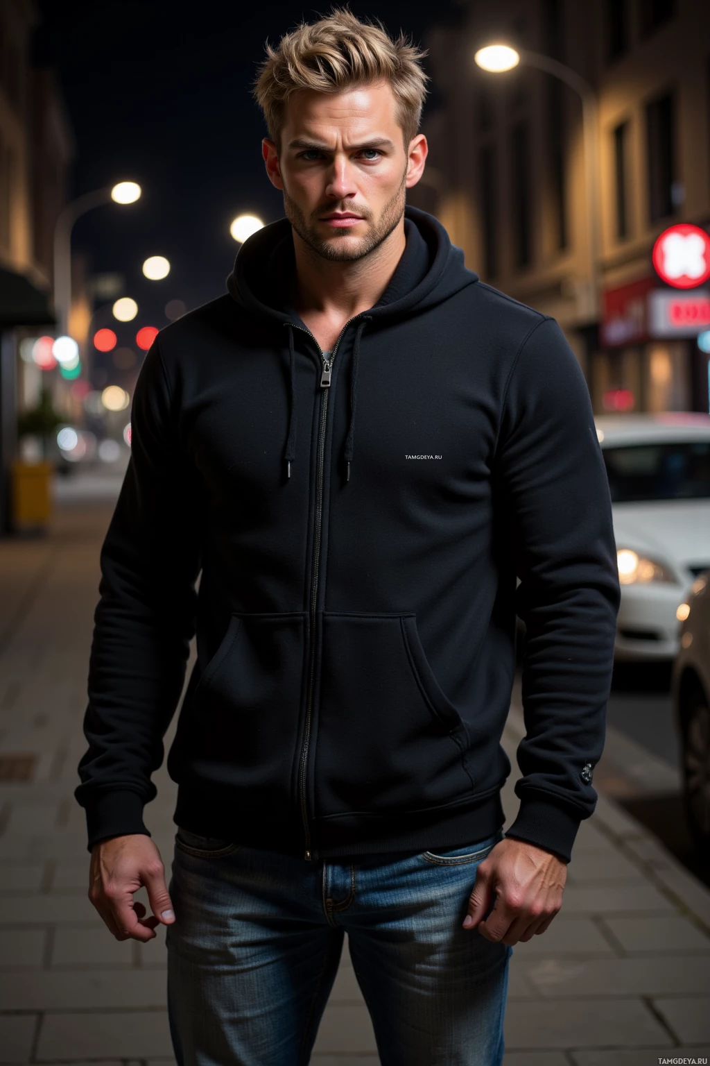 A man in a black hoodie and jeans stands on a city street at night.