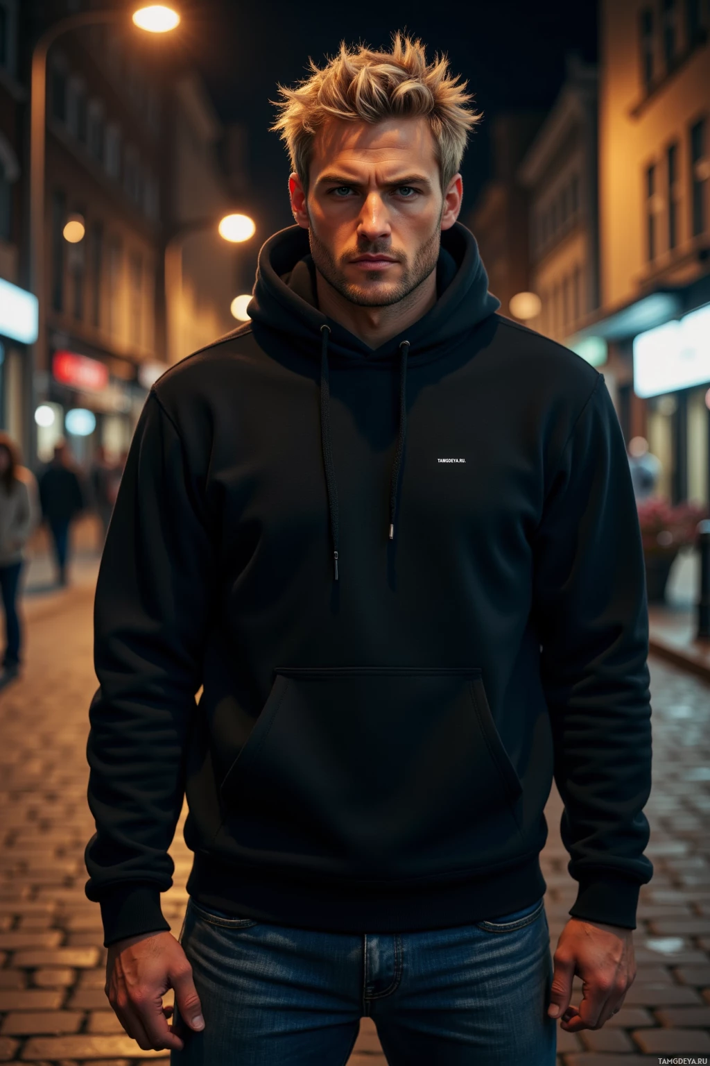 A man in a black hoodie and jeans stands on a cobblestone street at night.