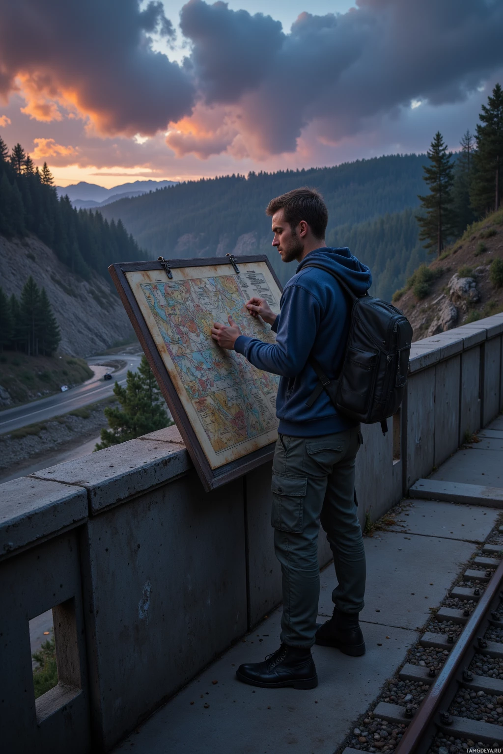 A person stands by a map on a bridge, overlooking a scenic mountain landscape at dusk.