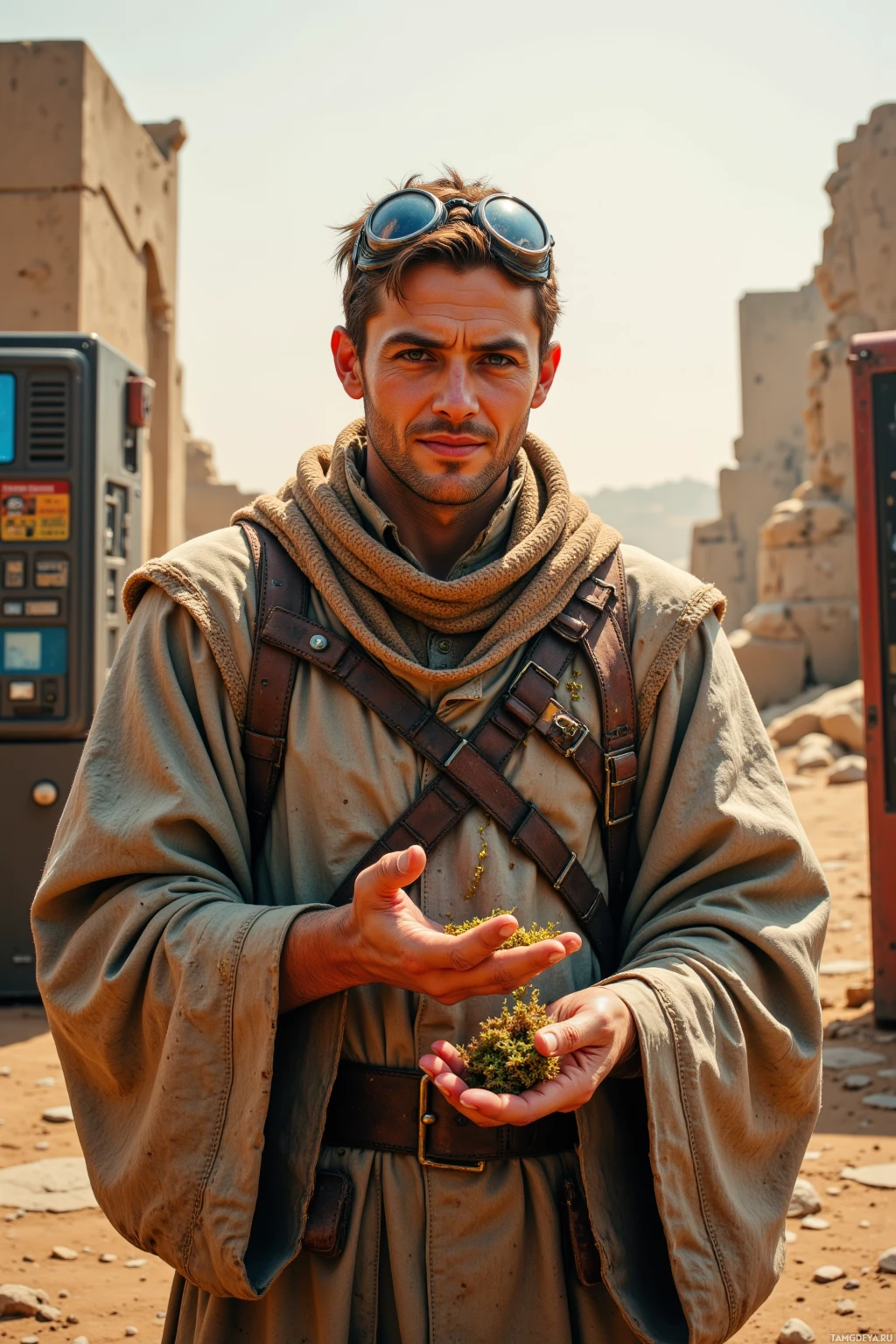 A person in a desert outfit holds a small plant in their hands.