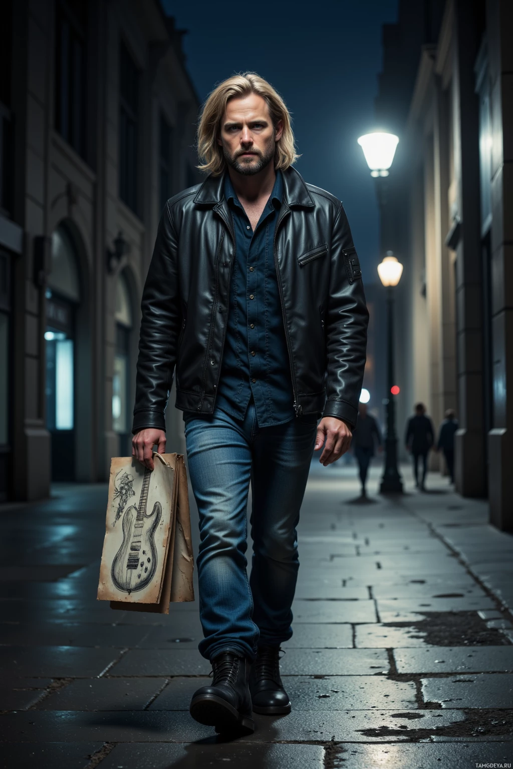 A man in a leather jacket and jeans walks down a dimly lit street at night, holding a paper bag.
