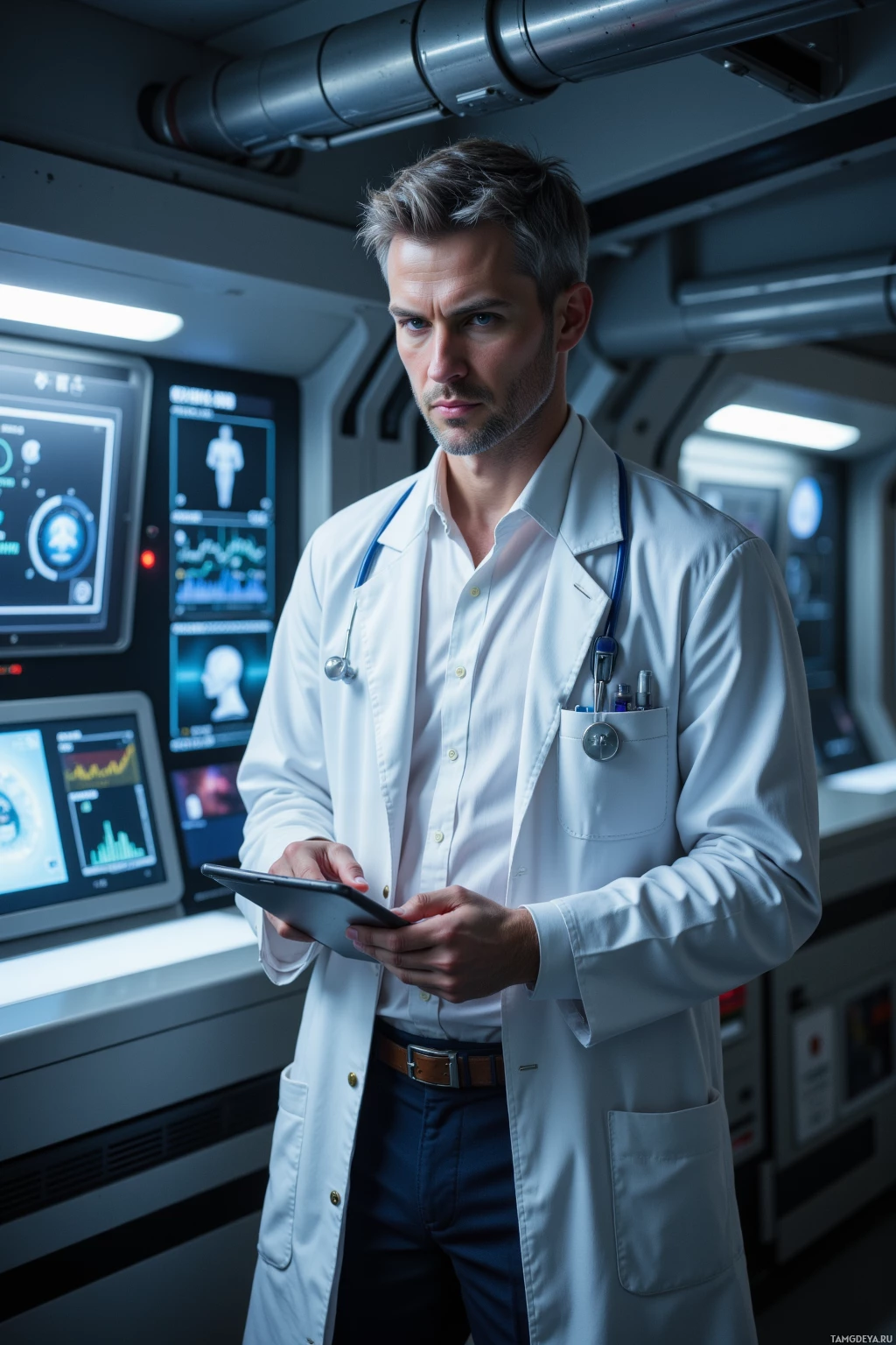 A man in a lab coat stands in a futuristic medical setting, holding a tablet.