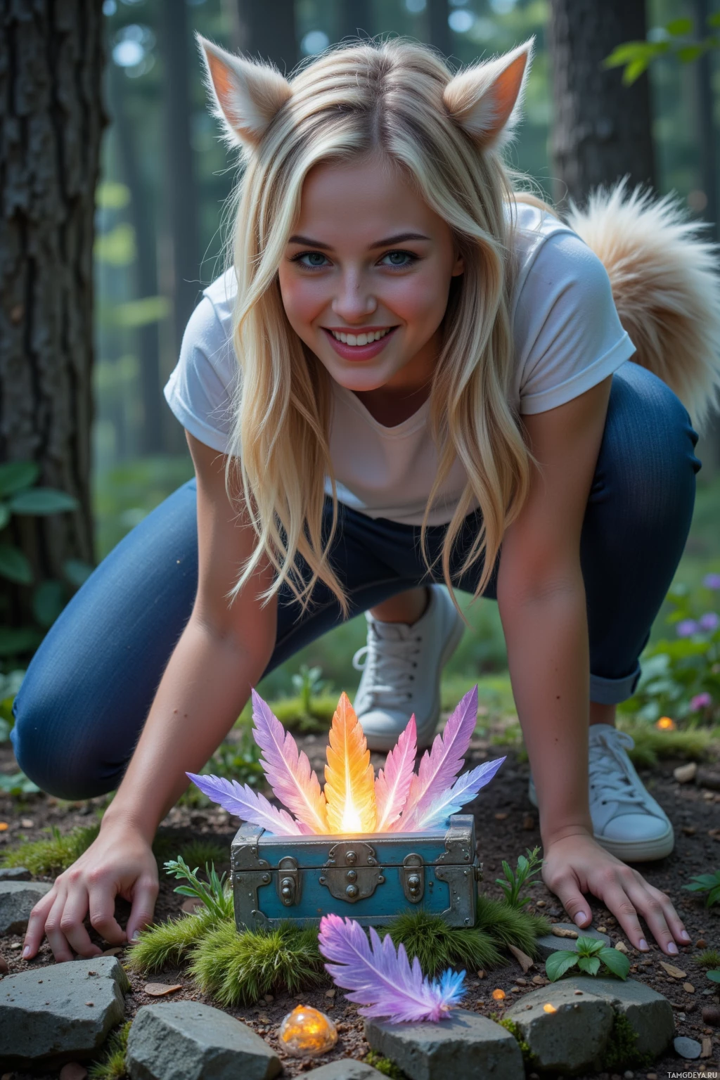 A person with cat-like ears and a fluffy tail kneels beside a glowing treasure chest in a forest setting.