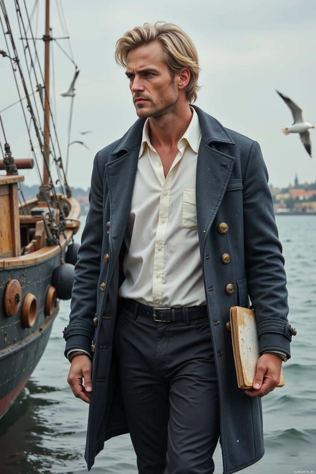 A man in a navy coat and white shirt stands near a ship, holding a book, with a seagull flying in the background.