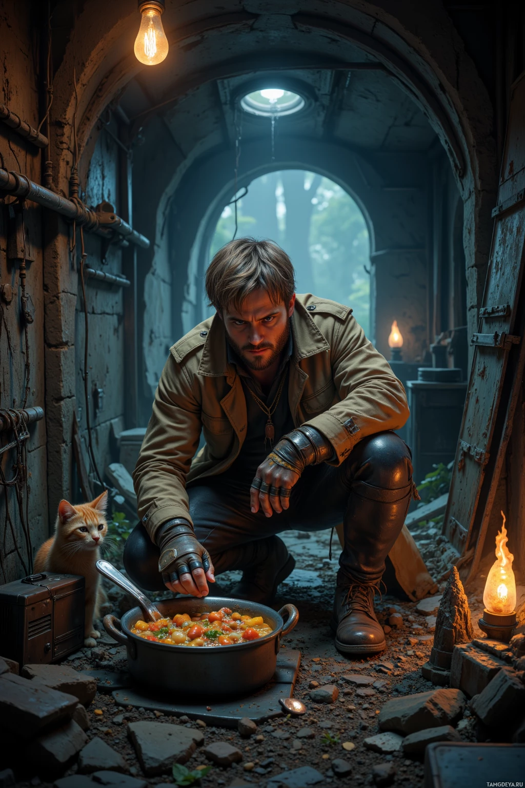A man in a rugged outfit crouches beside a pot of stew, with a cat and a lantern nearby in a dimly lit, stone-walled passage.