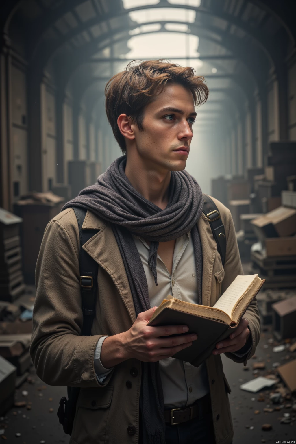 A young man in a trench coat and scarf holds an open book, standing in a dimly lit, debris-filled corridor.