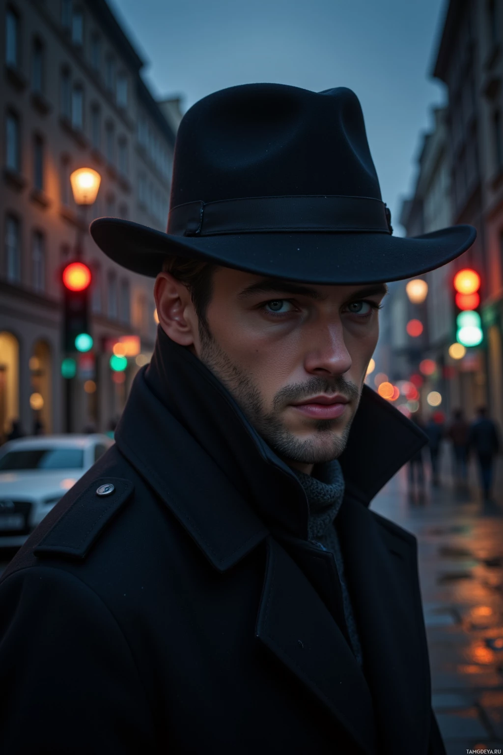 A man wearing a black hat and coat stands on a city street at dusk.
