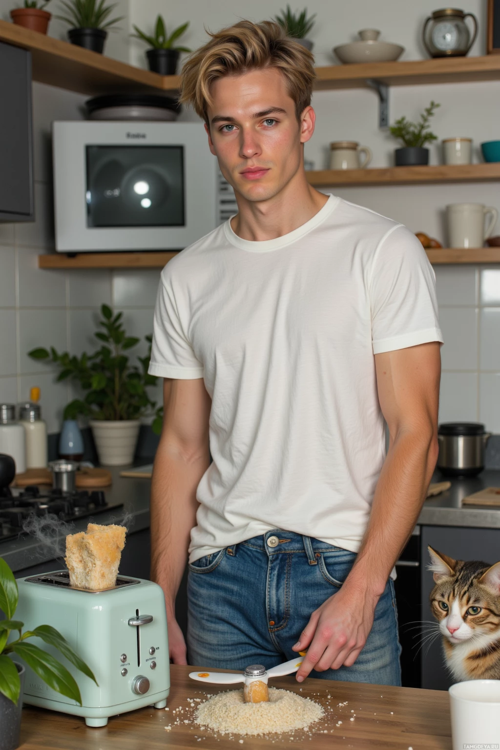 A person in a kitchen with a toaster, a cat, and a pile of what appears to be bread crumbs on the counter.