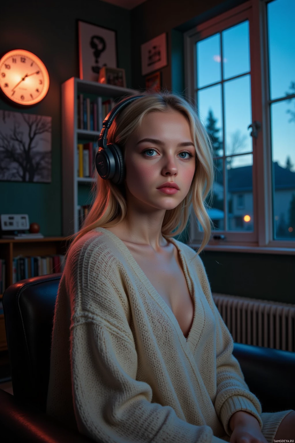 A person wearing headphones sits in a cozy room with a clock and bookshelf in the background.