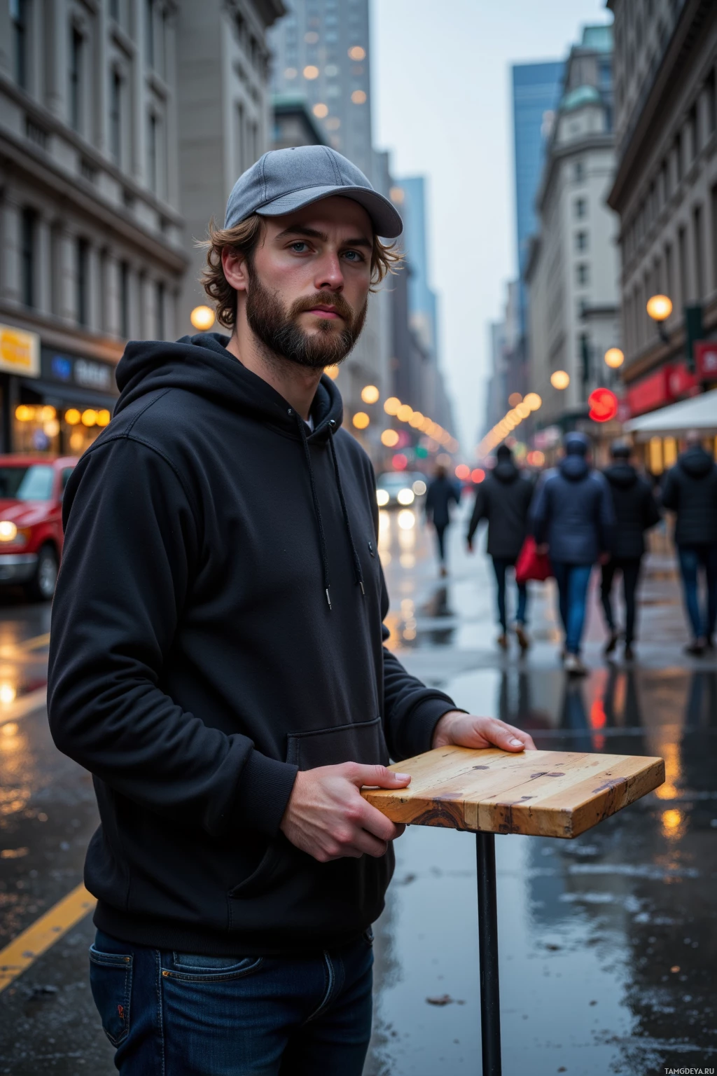 A man in a black hoodie and cap stands on a wet street holding a wooden board.