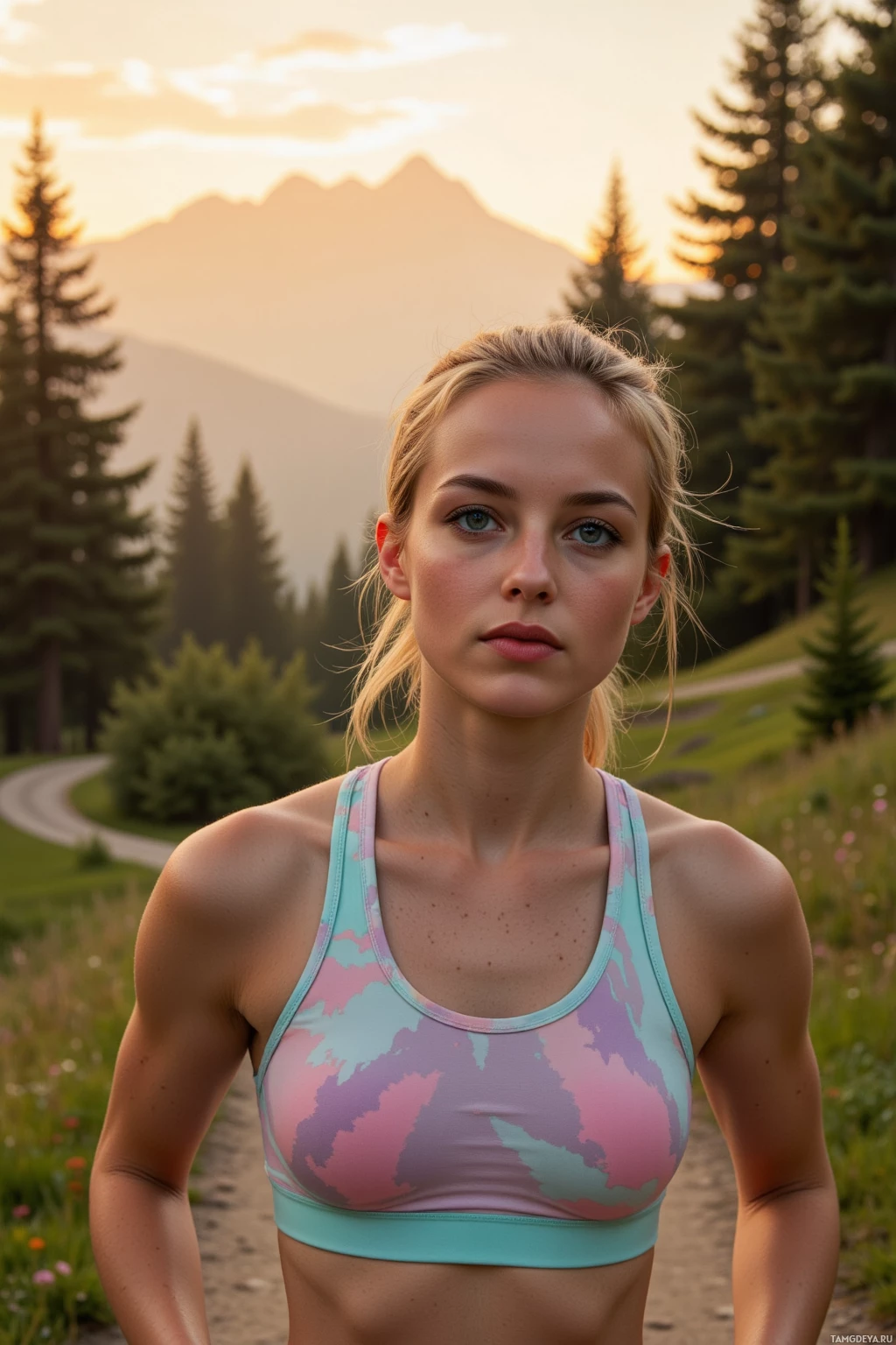 A woman in a pastel sports bra stands outdoors with a mountain and forest backdrop.