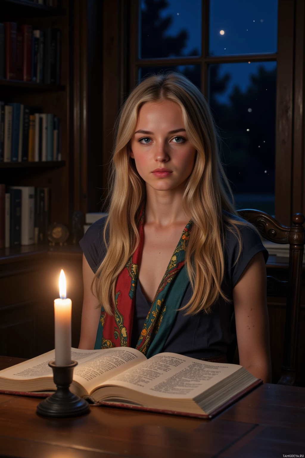 A woman sits at a desk with an open book and a lit candle, in front of a window showing a starry night sky.