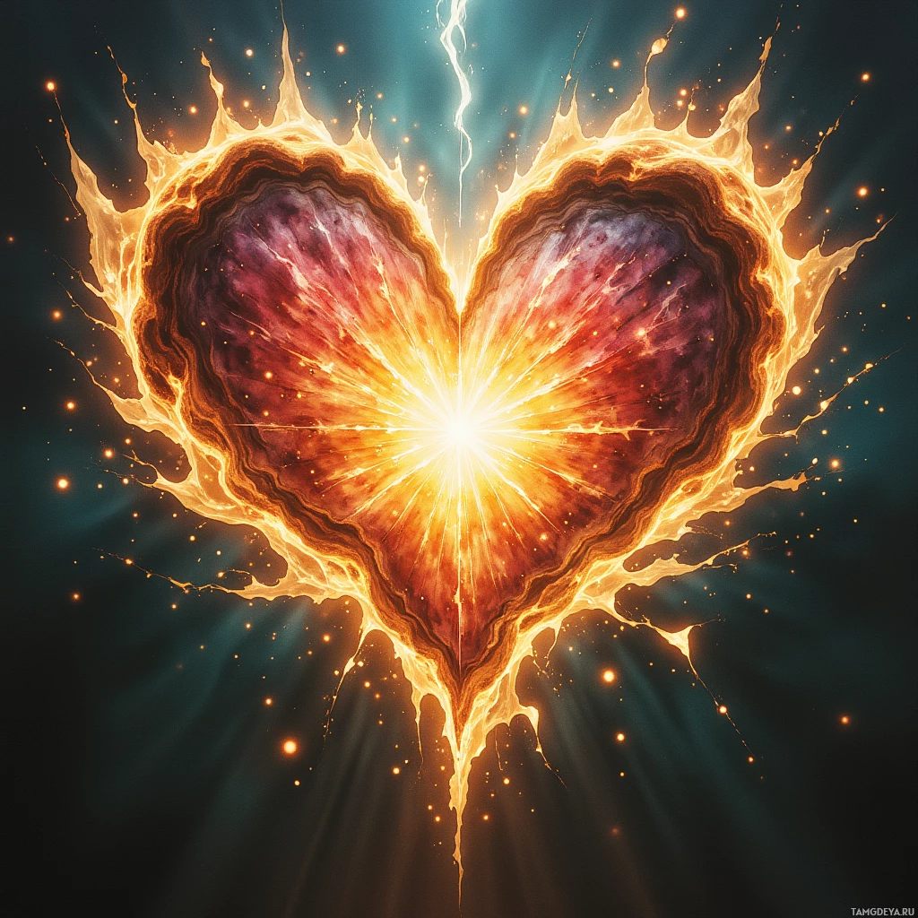 A glowing, fiery heart with radiant light and sparks against a dark background.