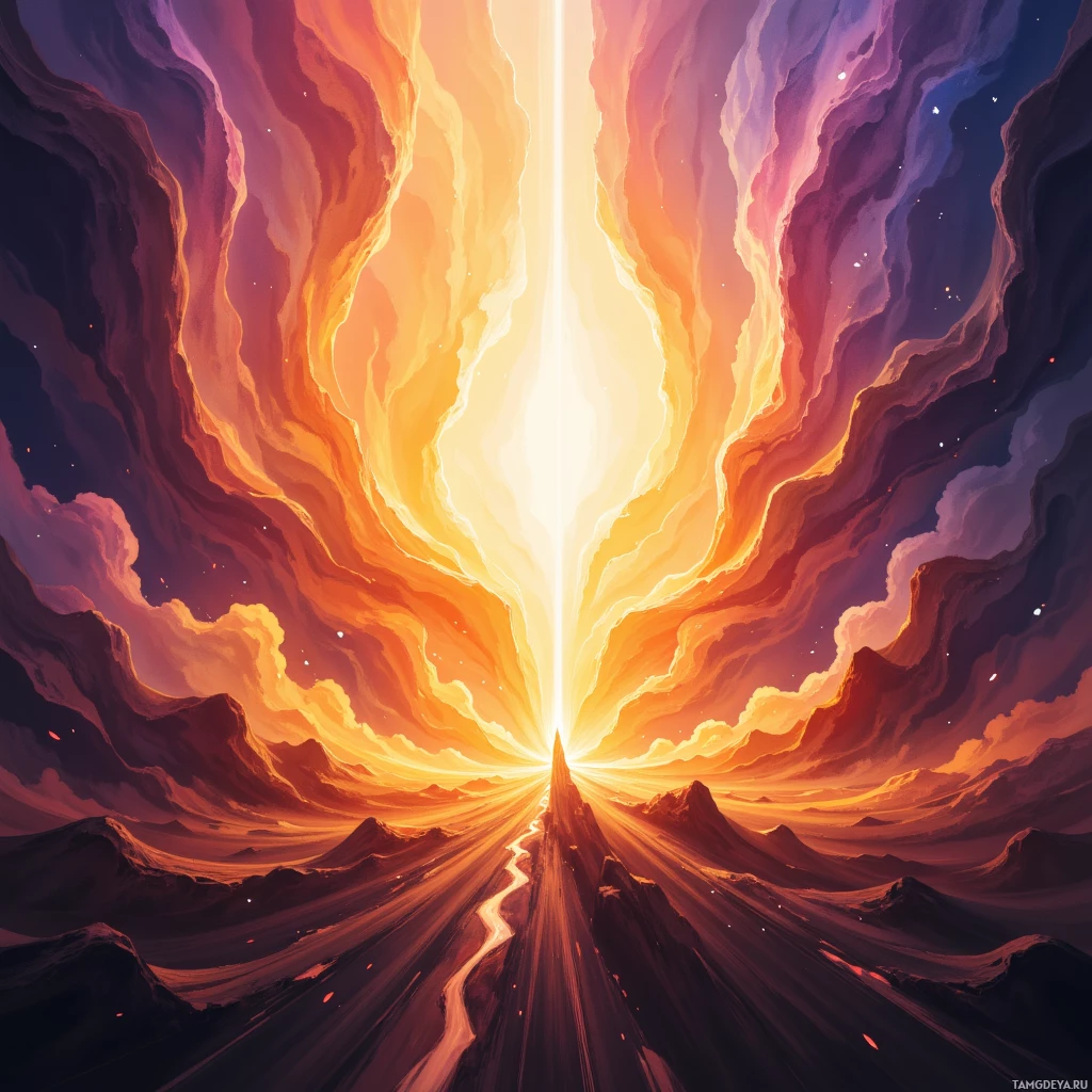A vibrant, abstract landscape featuring a radiant light source at the center, surrounded by swirling, colorful patterns and distant mountainous terrain.