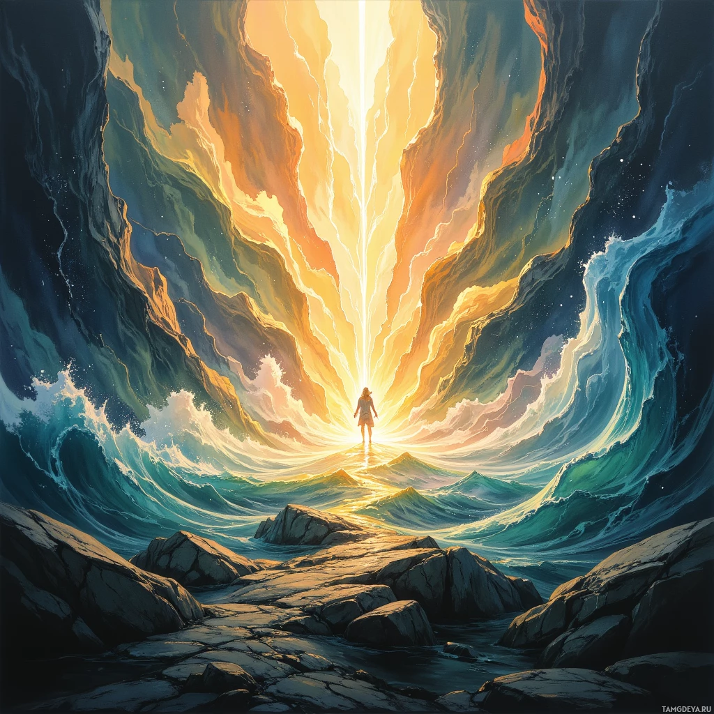 A person stands at the edge of a vast, swirling ocean under a radiant, glowing sky.