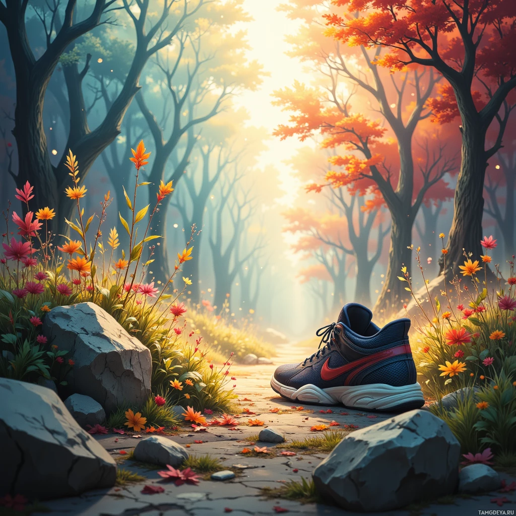 A sneaker rests on a stone path surrounded by vibrant autumn foliage and trees in a serene forest setting.