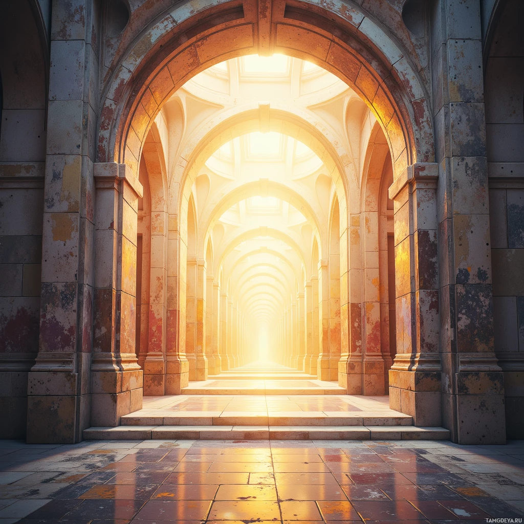 A sunlit corridor with arched stone archways leading to a bright light at the end.