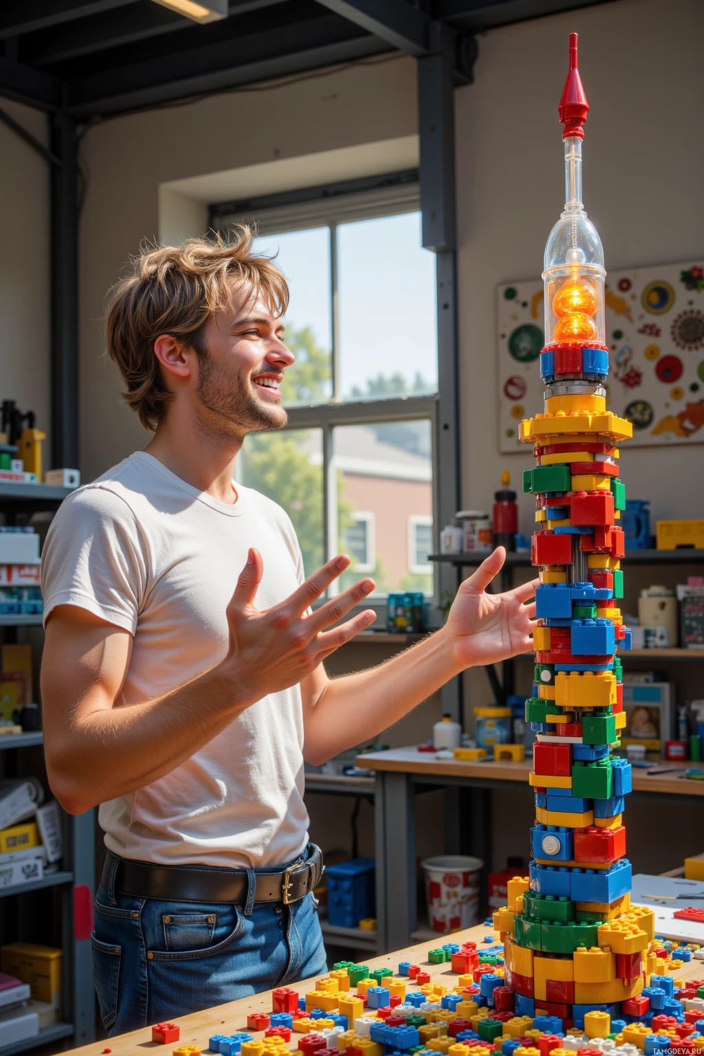 A person stands beside a tall tower constructed from colorful building blocks.