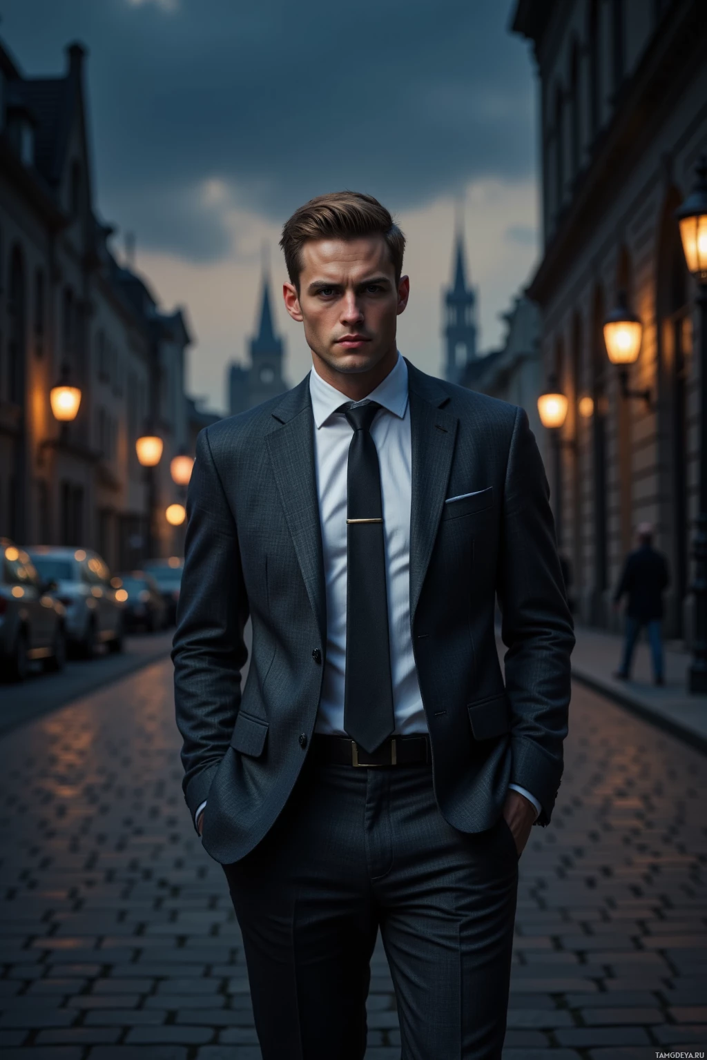 A man in a formal suit stands on a cobblestone street at dusk.