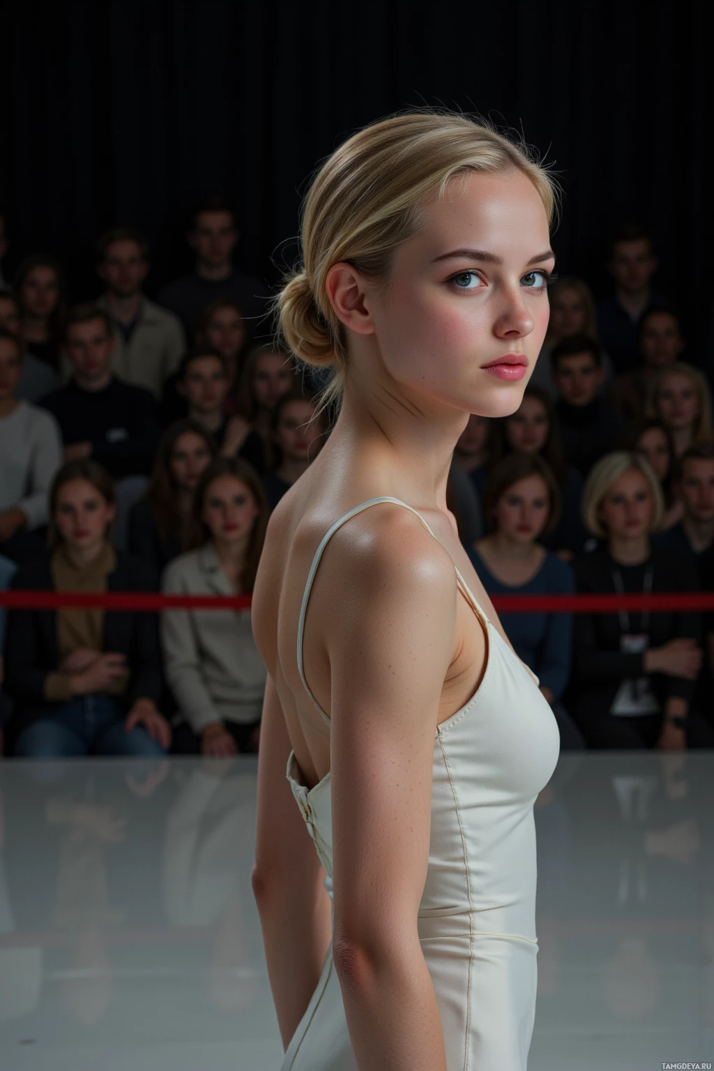 A model in a white dress walks on a runway with an audience in the background.