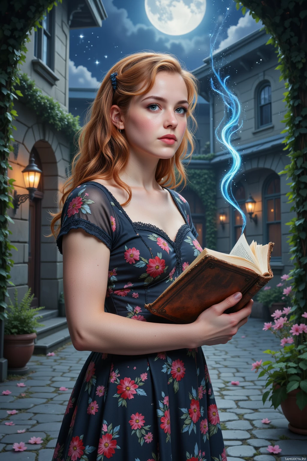 A woman in a floral dress holds an open book under a night sky with a full moon.