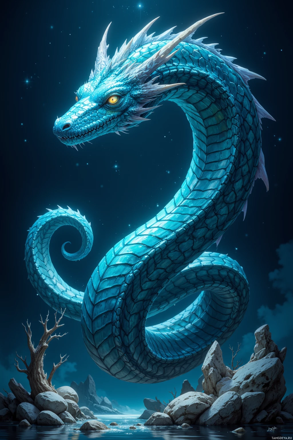 A majestic blue dragon with glowing eyes soars over a rocky landscape under a starry night sky.