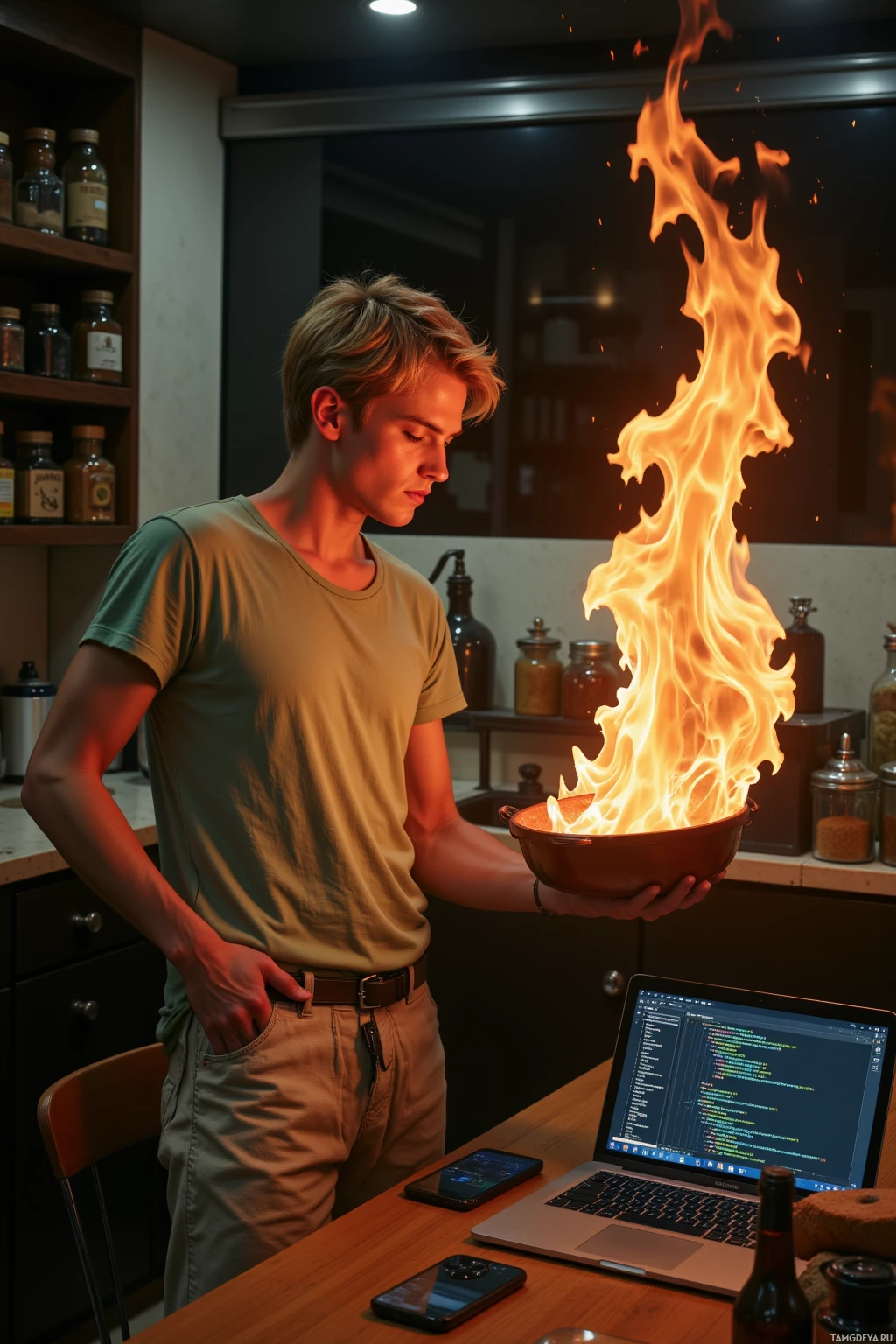 A person stands in a kitchen holding a flaming pot, with a laptop and phone on the counter.