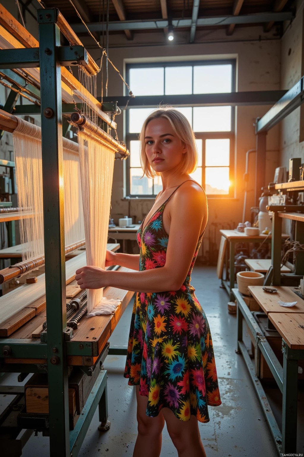 A woman in a floral dress stands in a workshop with a loom, bathed in warm sunlight.