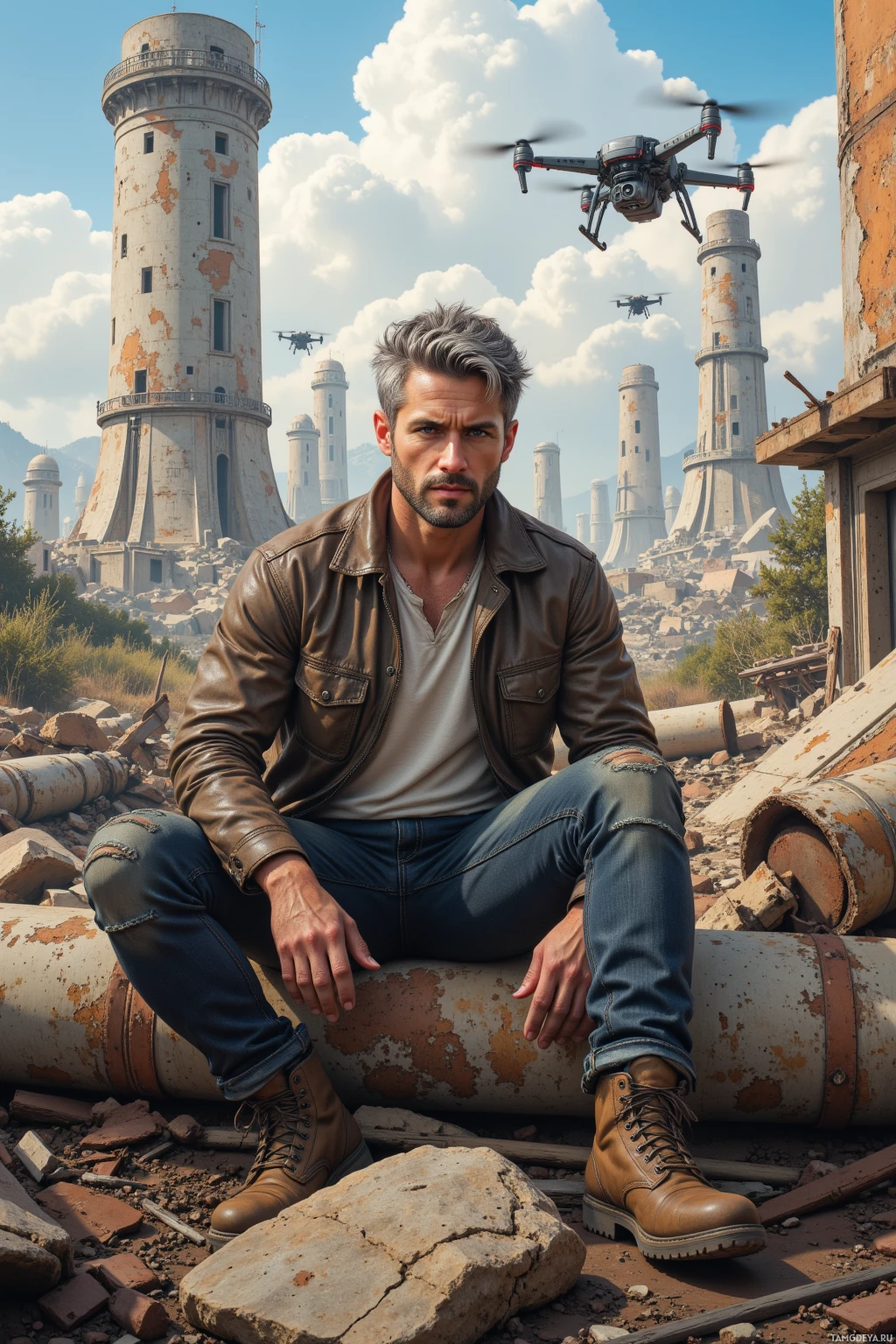 A man in a leather jacket sits on a rusted pipe amidst a backdrop of old, weathered towers and a drone flying overhead.