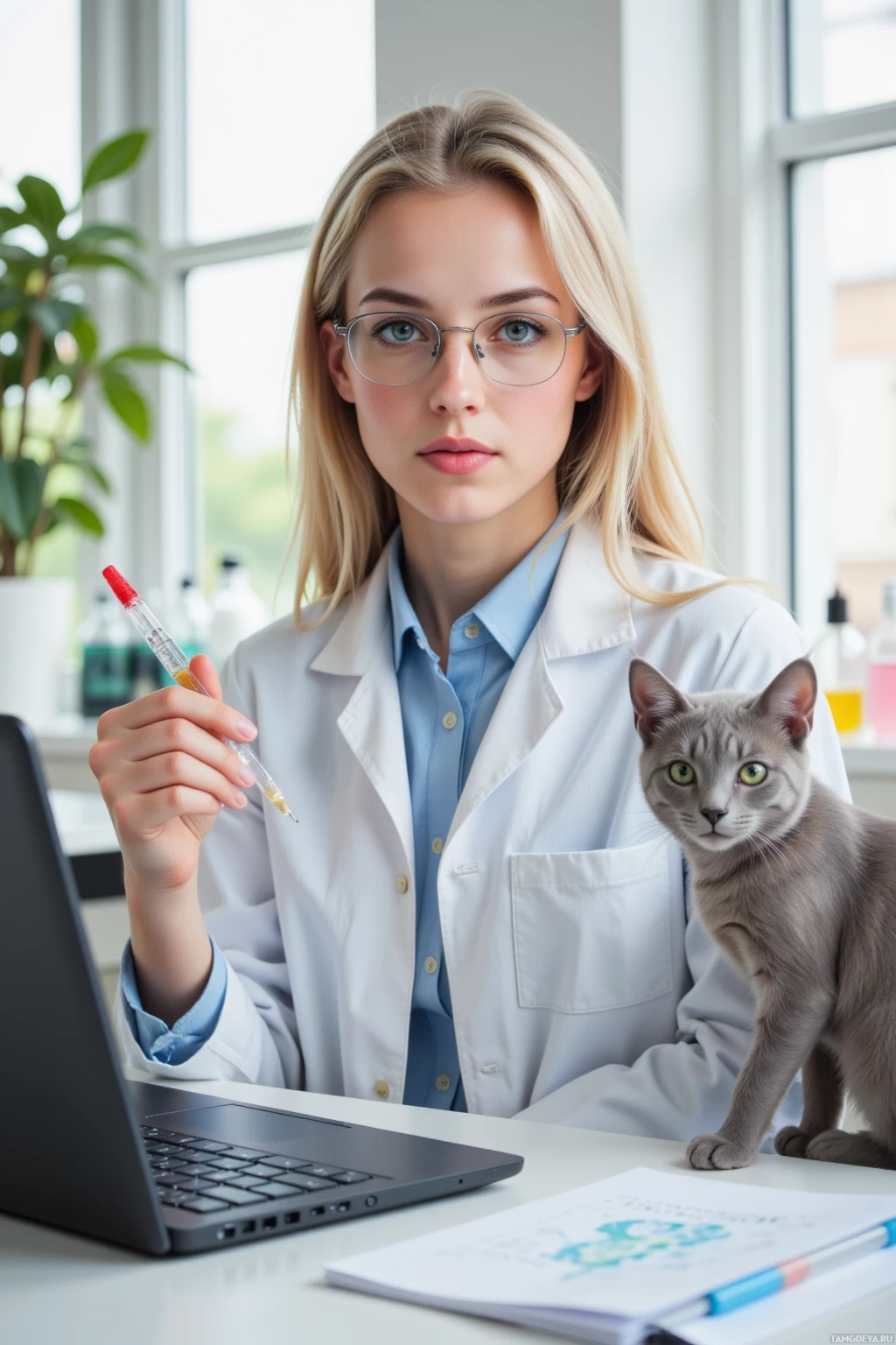 A woman in a lab coat holds a syringe, with a cat sitting beside her on a desk.