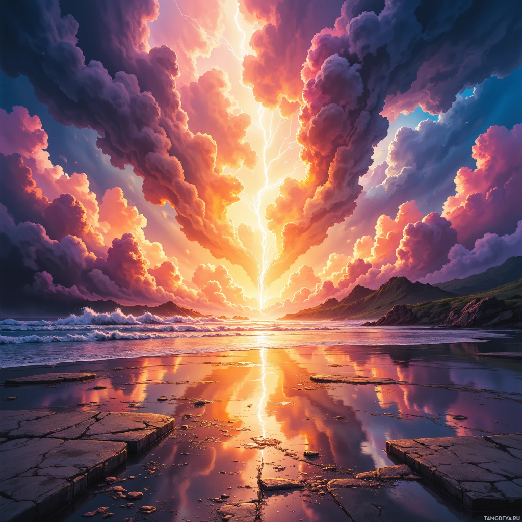 A dramatic sunset with a lightning bolt striking through the clouds over a rocky shoreline.