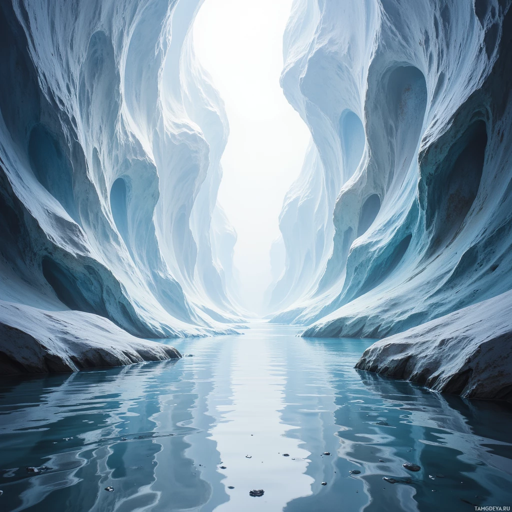 A serene, icy landscape with a calm water body reflecting the towering, sculpted ice cliffs.