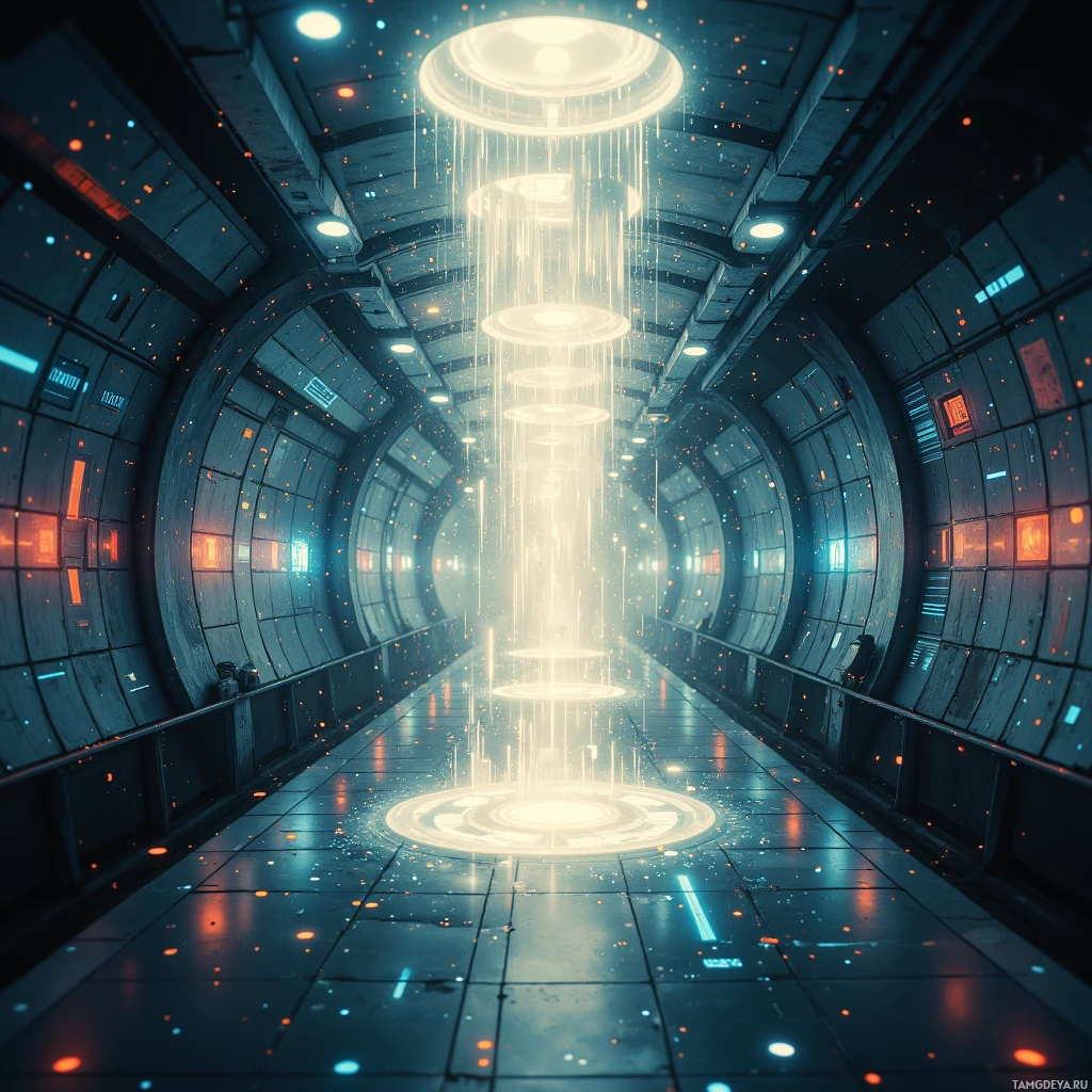 A futuristic, illuminated corridor with glowing lights and a central column.