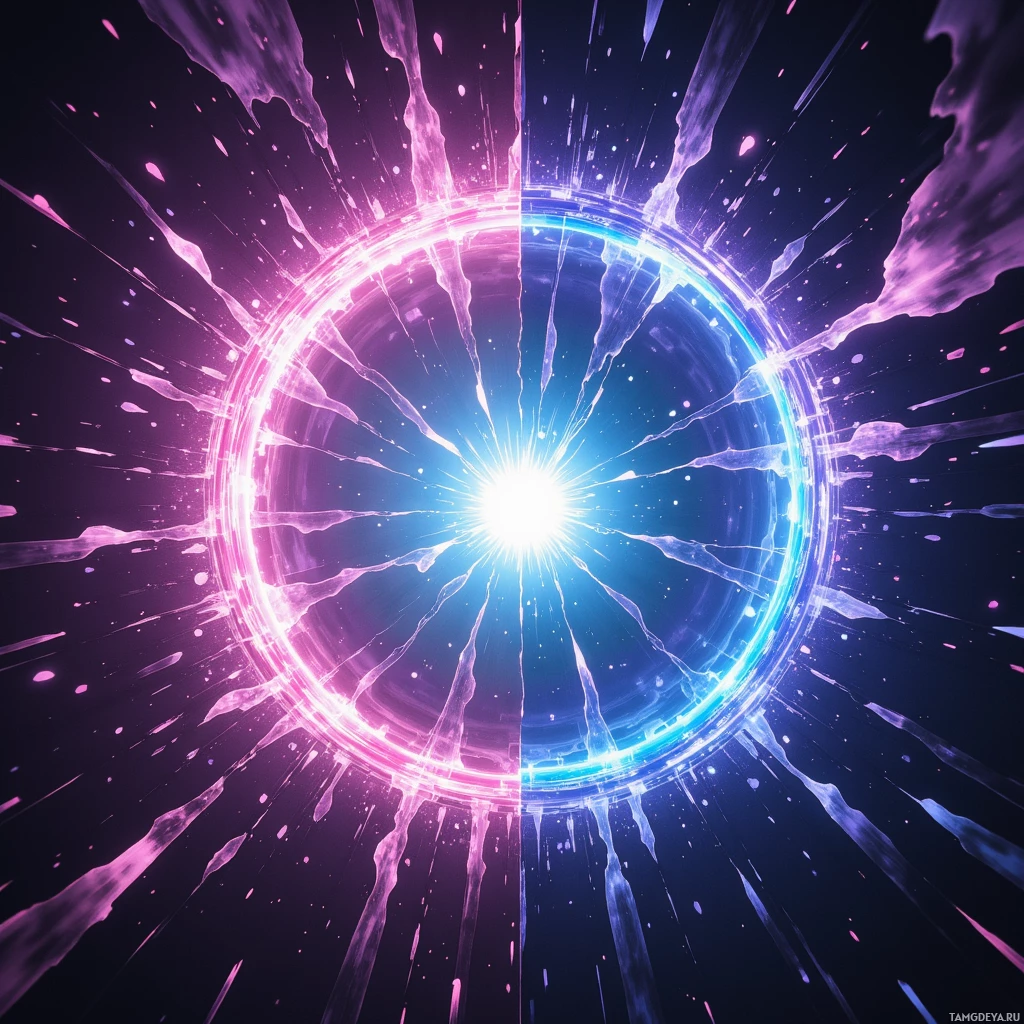 A vibrant, abstract image featuring a circular burst of light with pink and blue hues and radiating lines.