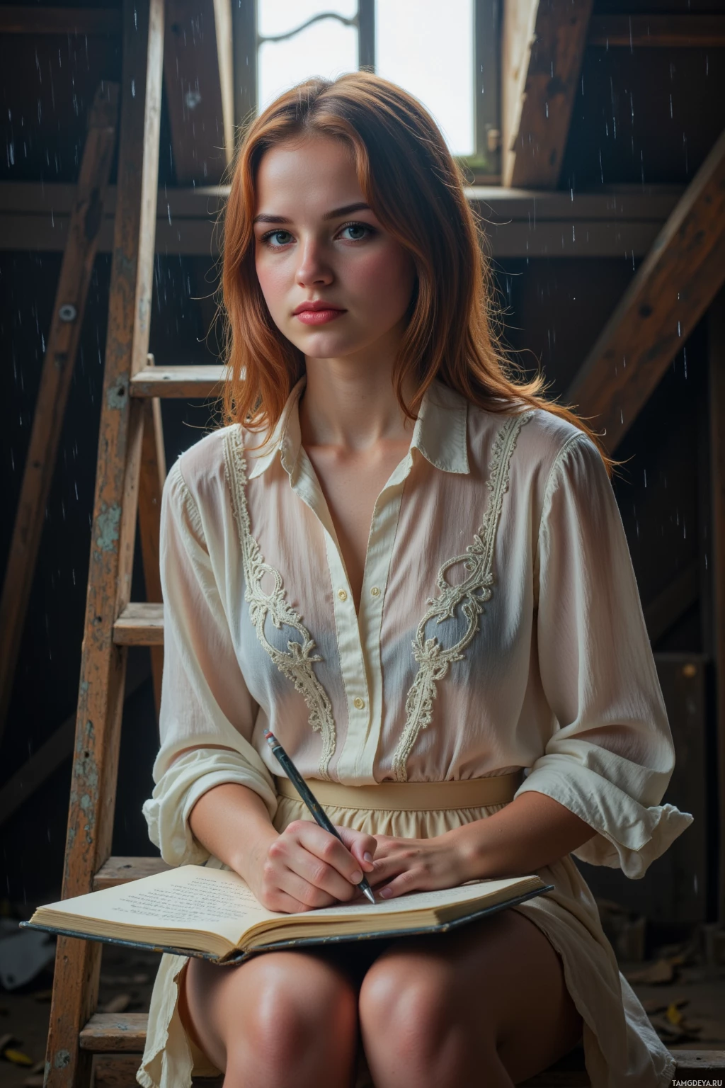 A woman in a vintage-style blouse sits on a wooden stool, writing in a notebook.