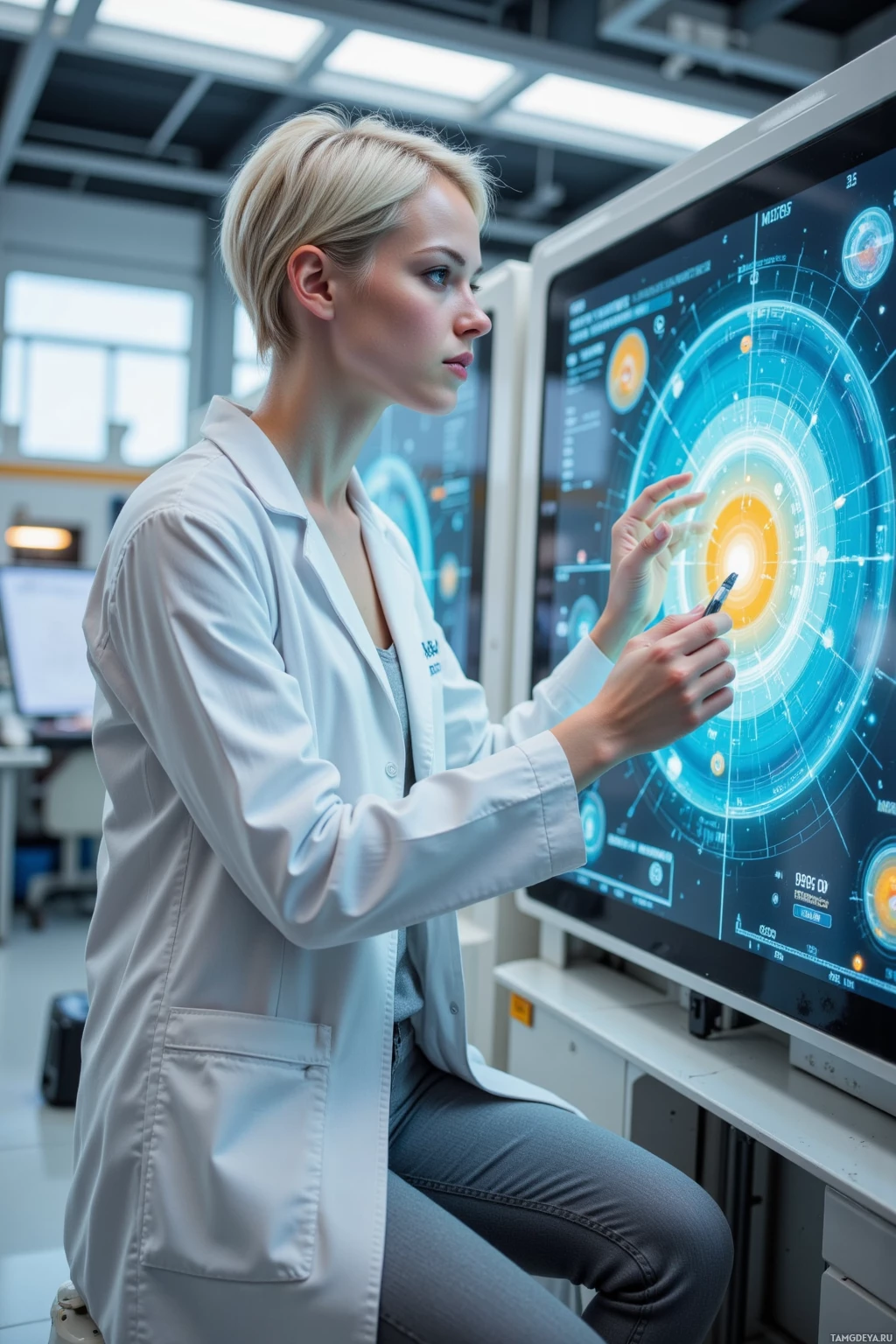 A person in a lab coat interacts with a futuristic digital interface.